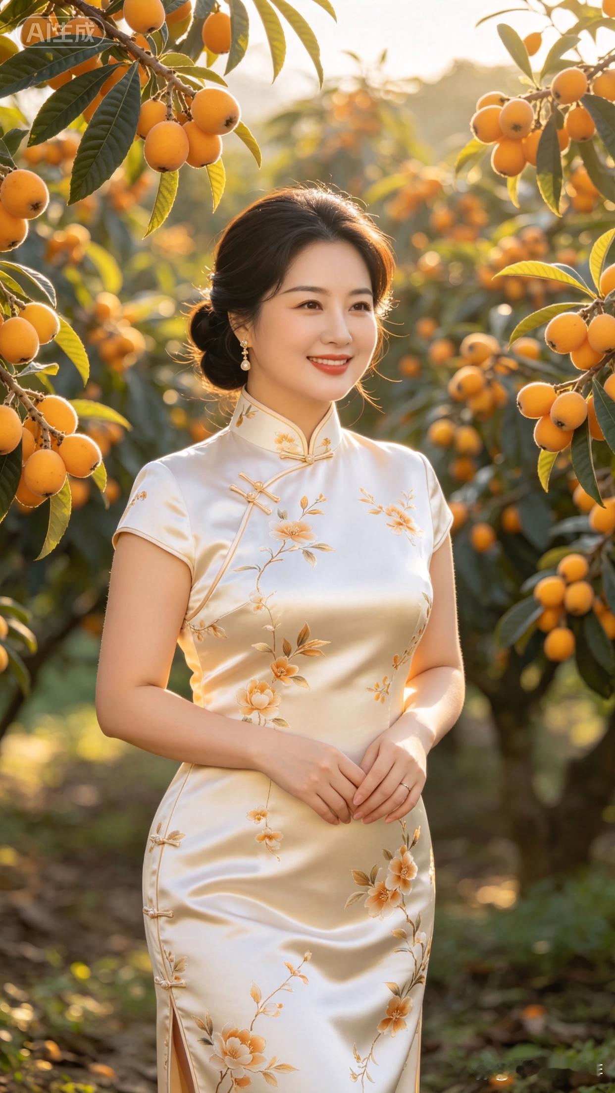 一个美女在果园里穿着旗袍。