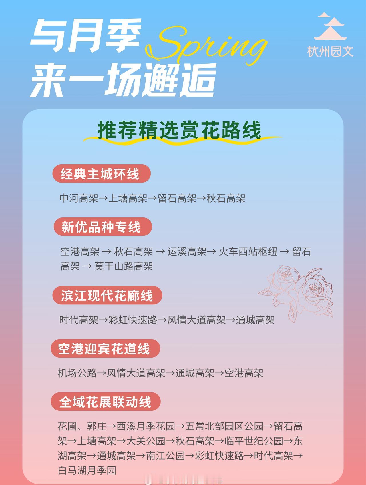 【杭州交警紧急提醒高架的月季不要采】
为方便市民赏花
杭州推荐5条精选赏花路线
