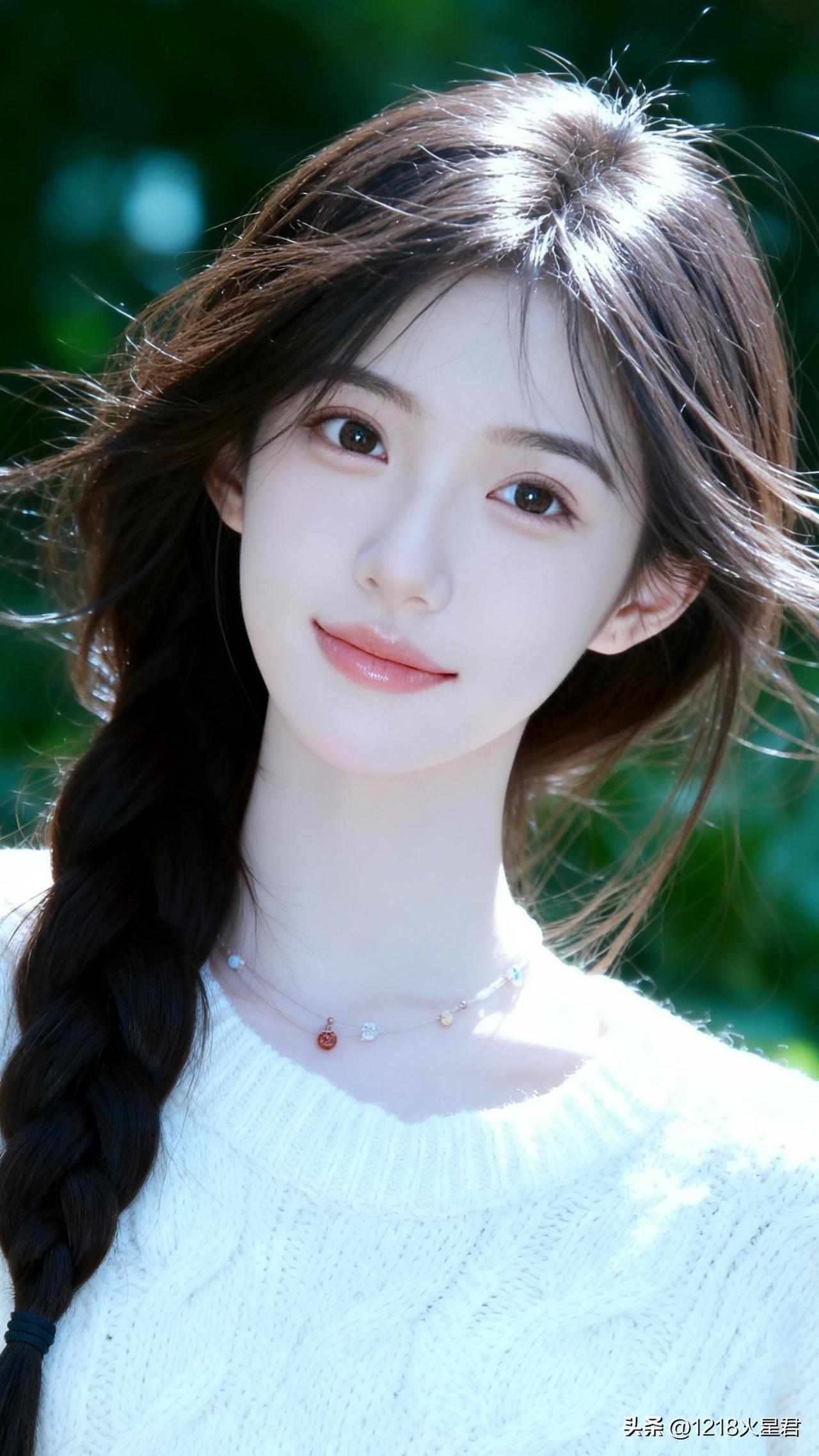 阳光下的少女，温柔微笑，自然清新。