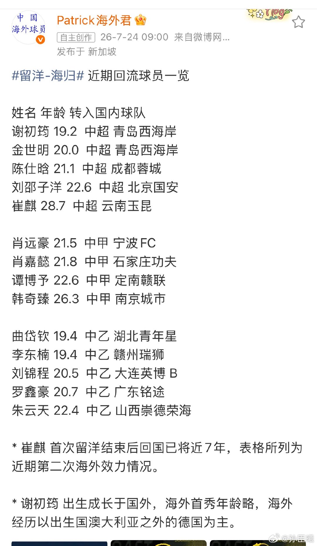今夏海外球员回流 