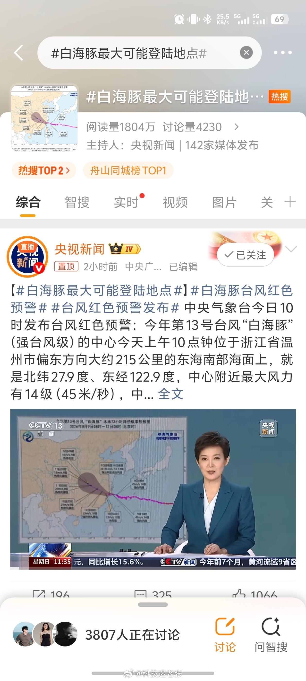 白海豚最大可能登陆地点最大可能于今天傍晚至明天凌晨在浙江台州到温州一带的浙闽交界