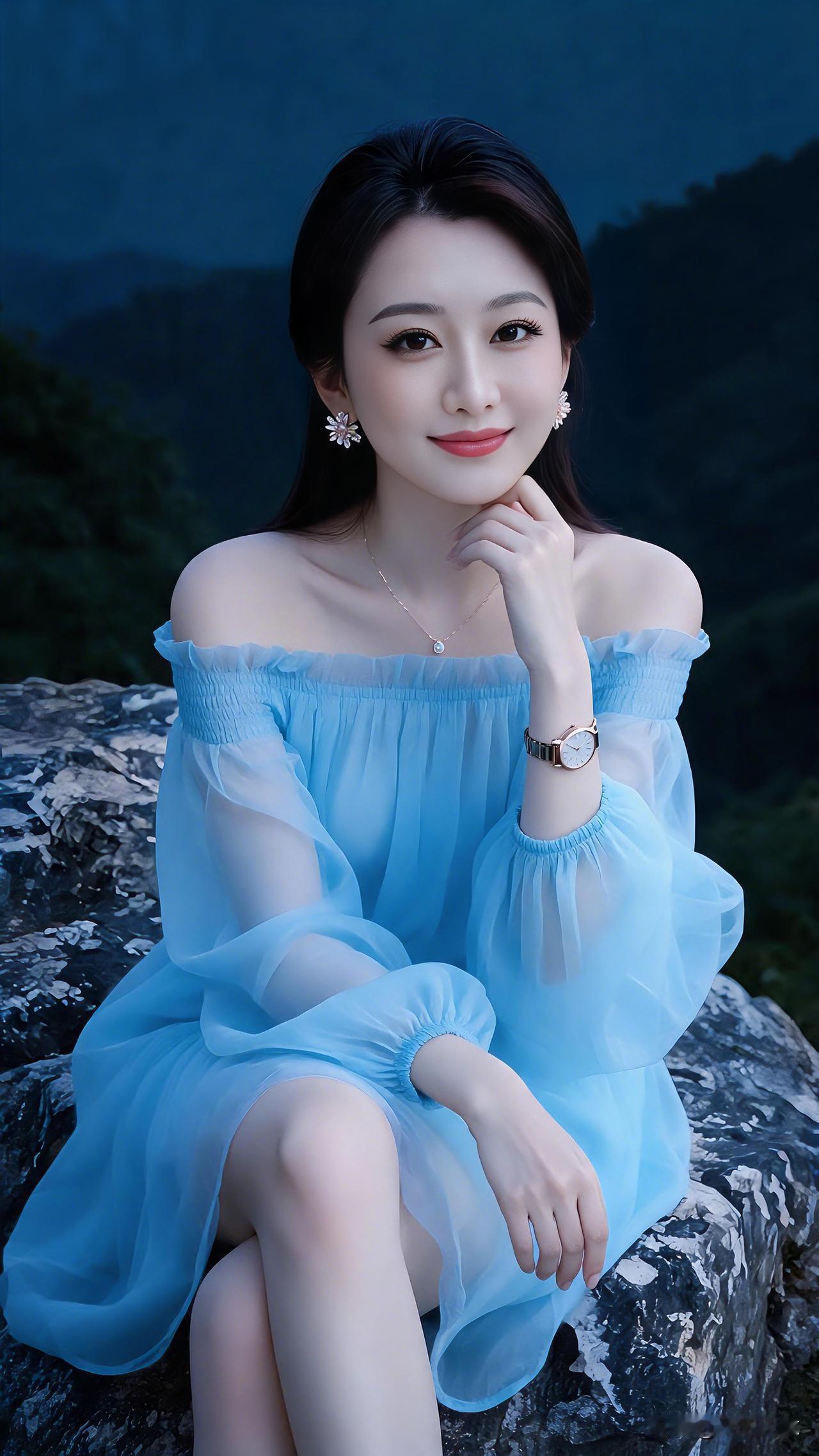 一袭浅蓝露肩长裙静坐山间，清透纱衣随风轻漾，远山静谧，温柔从容，把山间独有的清雅