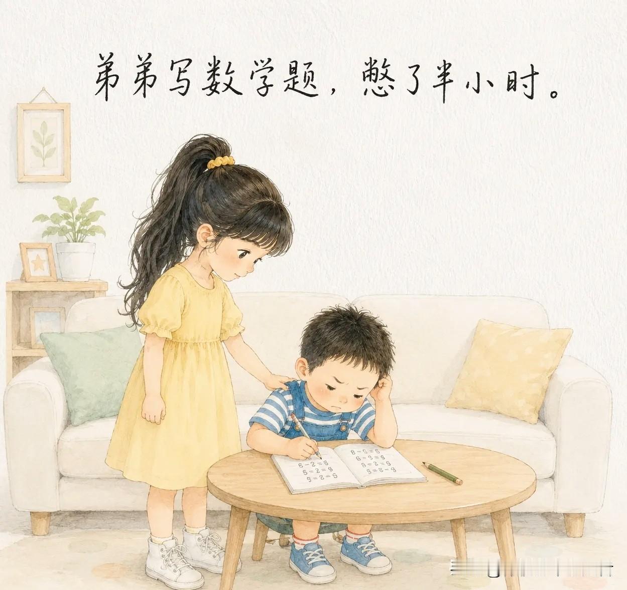 搞笑漫画分享：弟弟写数学题，憋了半小时。我凑过去：「这题不会？」弟弟点头，怯生生