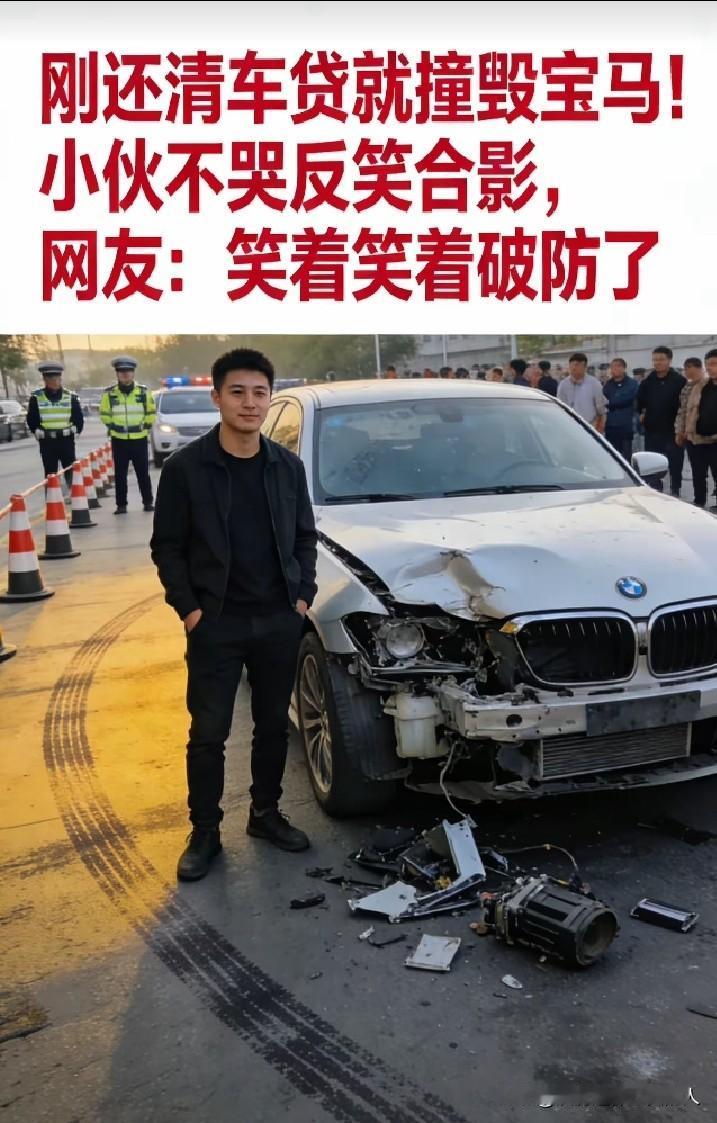 这下好了，车贷还清，车子撞毁了，你还要微笑着面对。

一小伙子，省吃俭用几年，贷