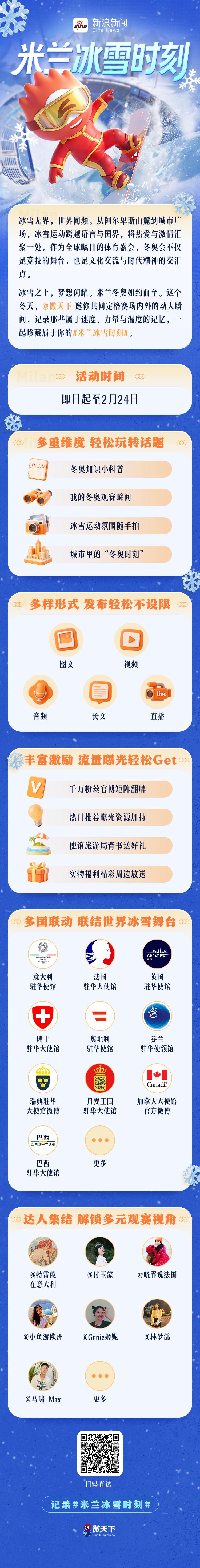 冰雪之上，梦想闪耀。米兰冬奥如约而至。这个冬天，邀你共同定格赛场内外的动人瞬间，