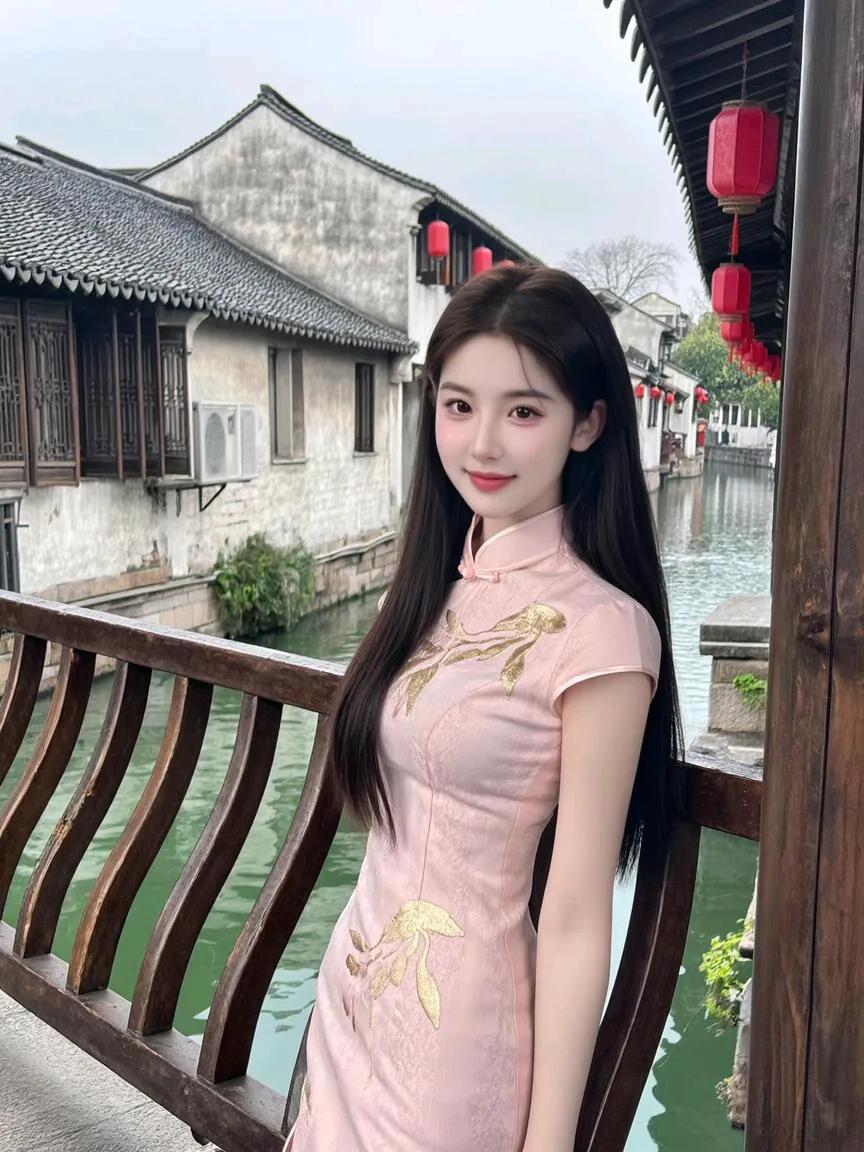 粉裙少女倚桥畔