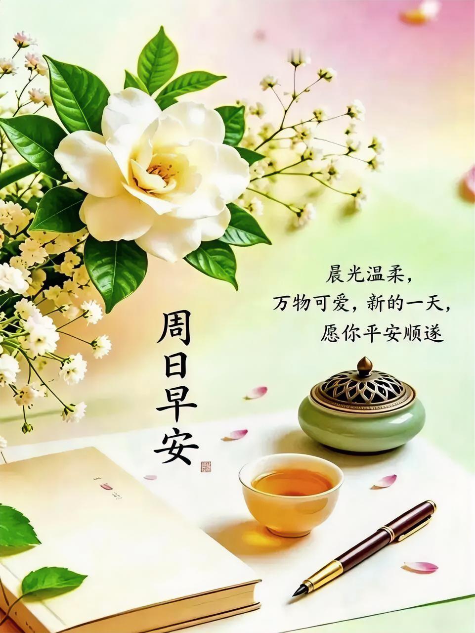 晨光温柔洒满案头，茶香伴书香，周日早安，愿你平安顺遂，开启元气满满的一天！