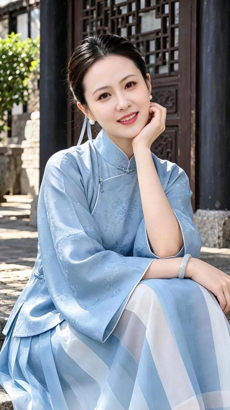 《<青石阶上的水蓝清梦>》

水蓝缎面，晕染立领盘扣的古典，

宽袖轻垂，半透裙