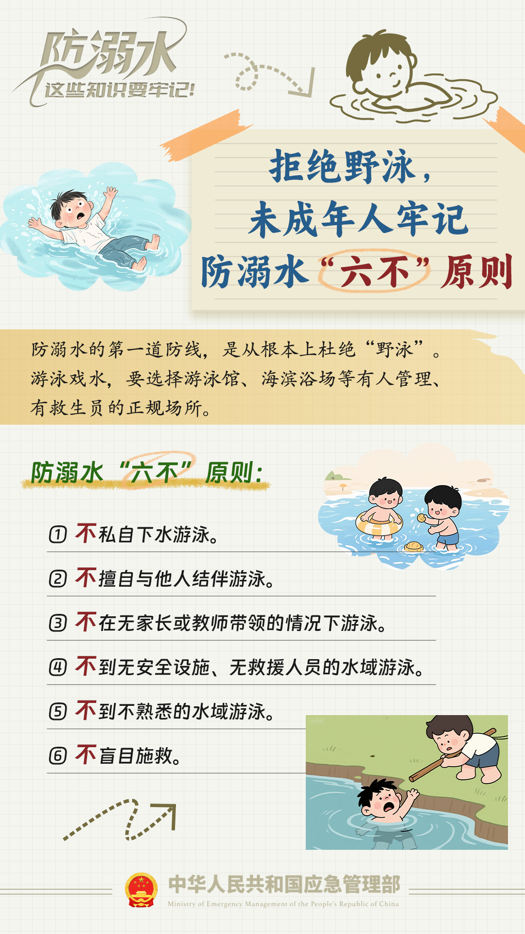 请家长和孩子一起认真阅读，把防溺水知识装进心里。这是保护生命的“护身符”：1、不