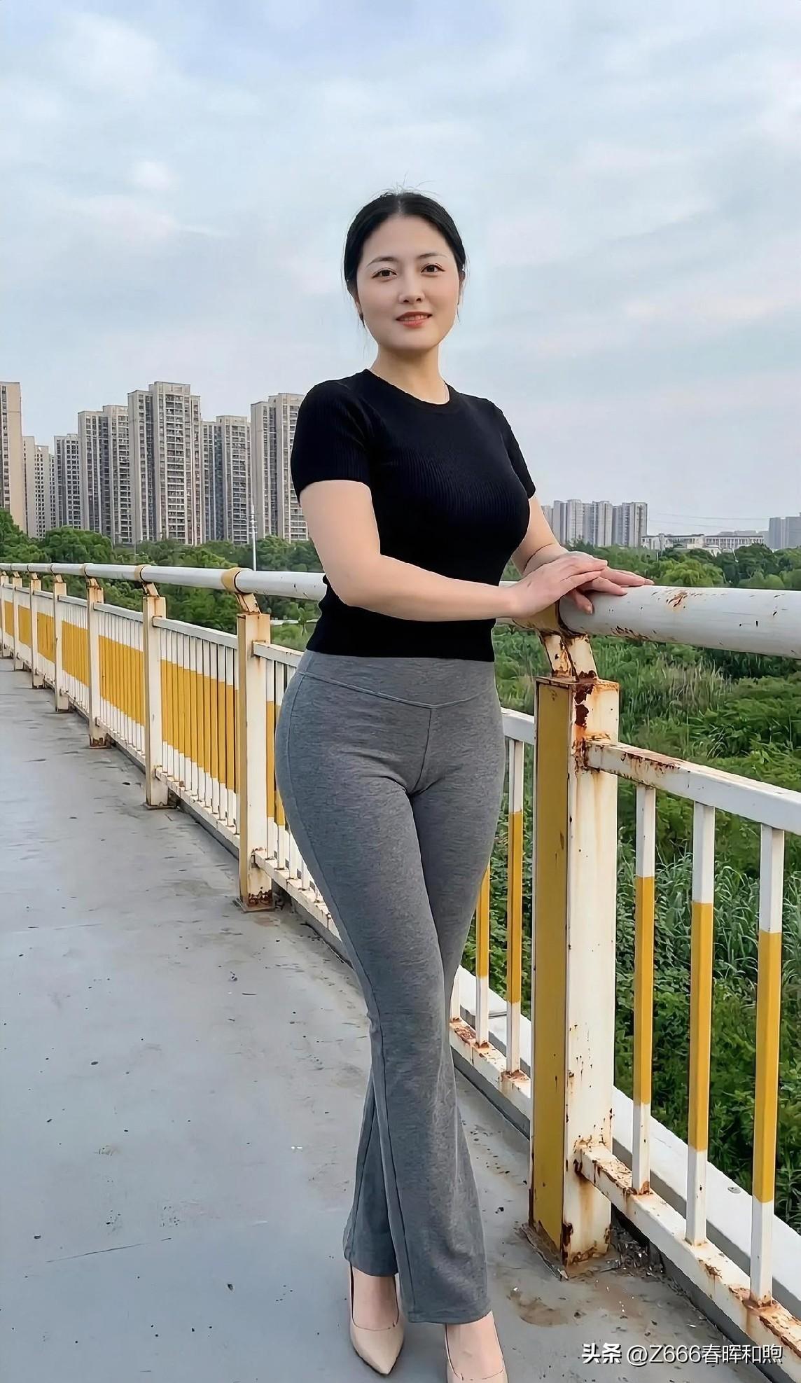 黑上衣灰喇叭裤，简约配色勾勒匀称身形。桥栏轻倚，都市绿意作背景，尽显成熟女性的从
