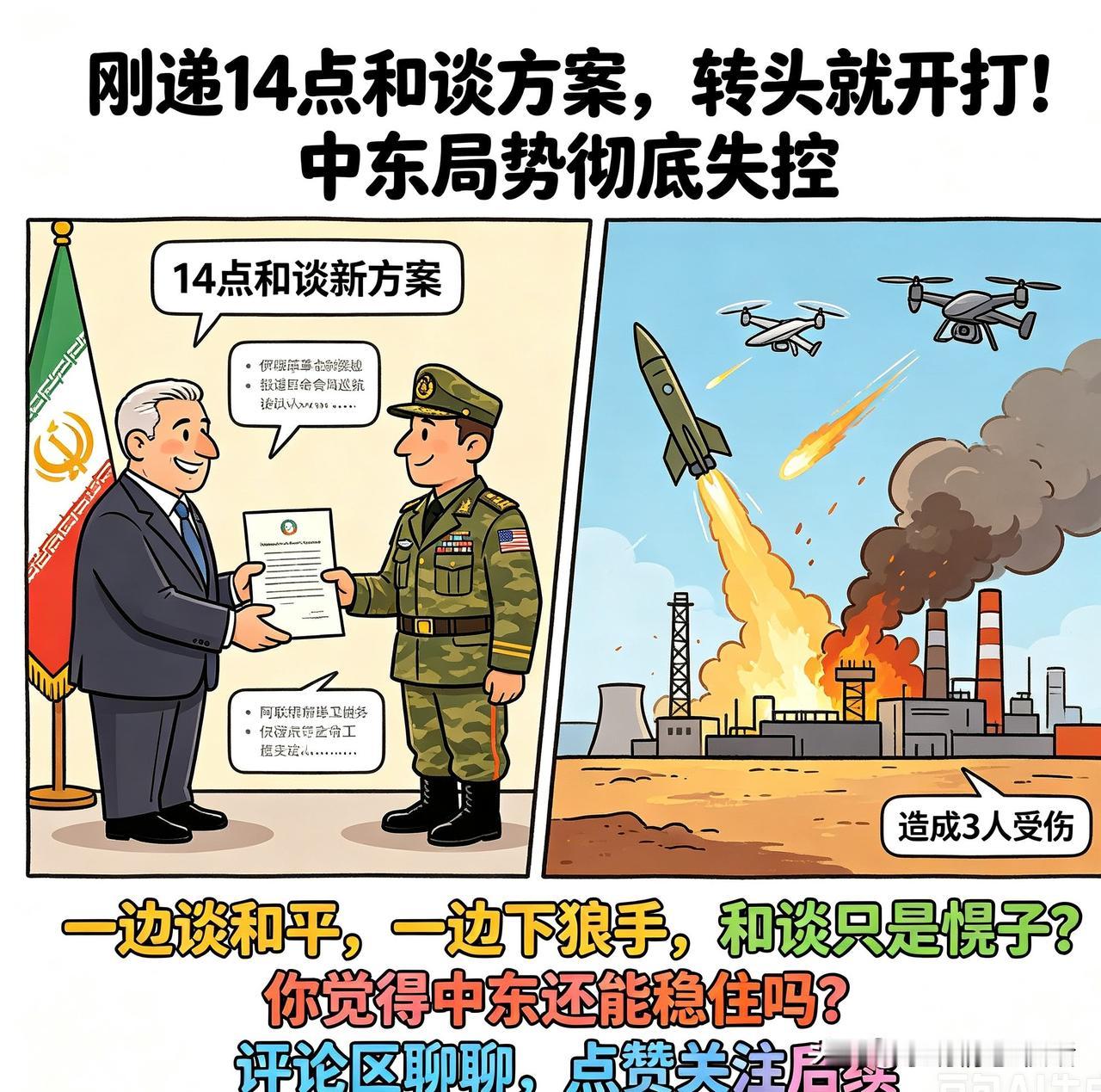 刚递14点和谈方案，马上就开打！中东局势完全失控啦。
当地时间5月4号，伊朗通过