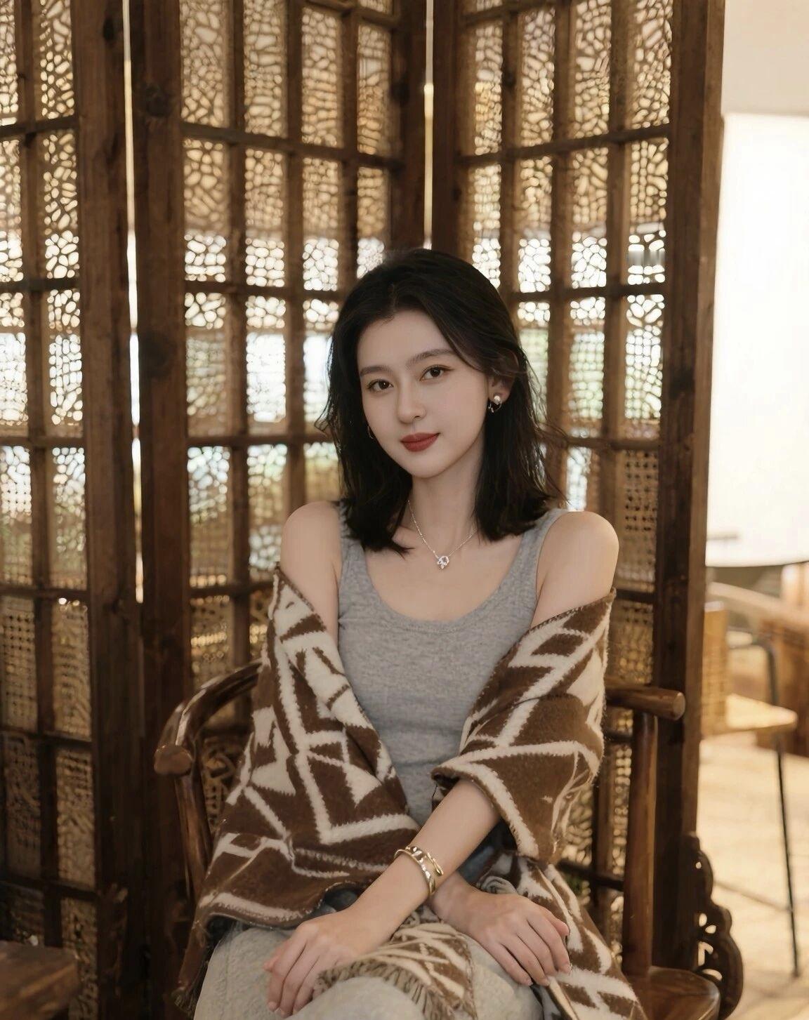 复古木质背景下的温柔少女，温暖时光的美好瞬间。