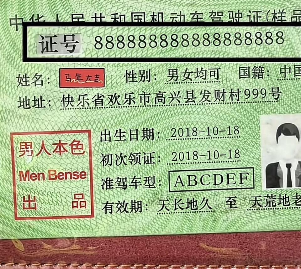 该证件上标注的“快乐省欢乐市高兴县发财村999号”“天长地久至天荒地老”等信息均