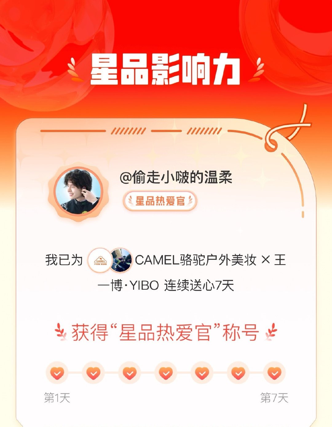 我在星品影响力上为 X 连续送心7天，获得“星品热爱官”称号！快来一起pick你