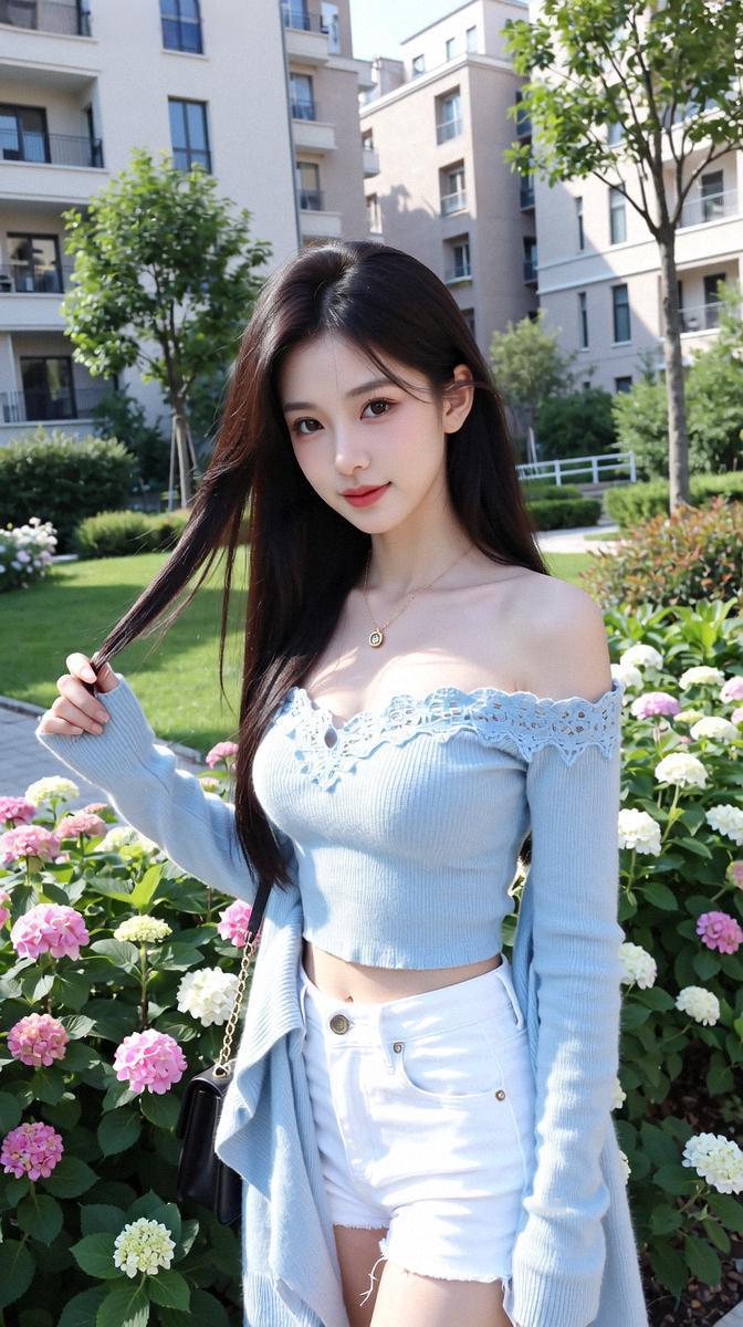 阳光明媚的午后，少女在花丛中微笑