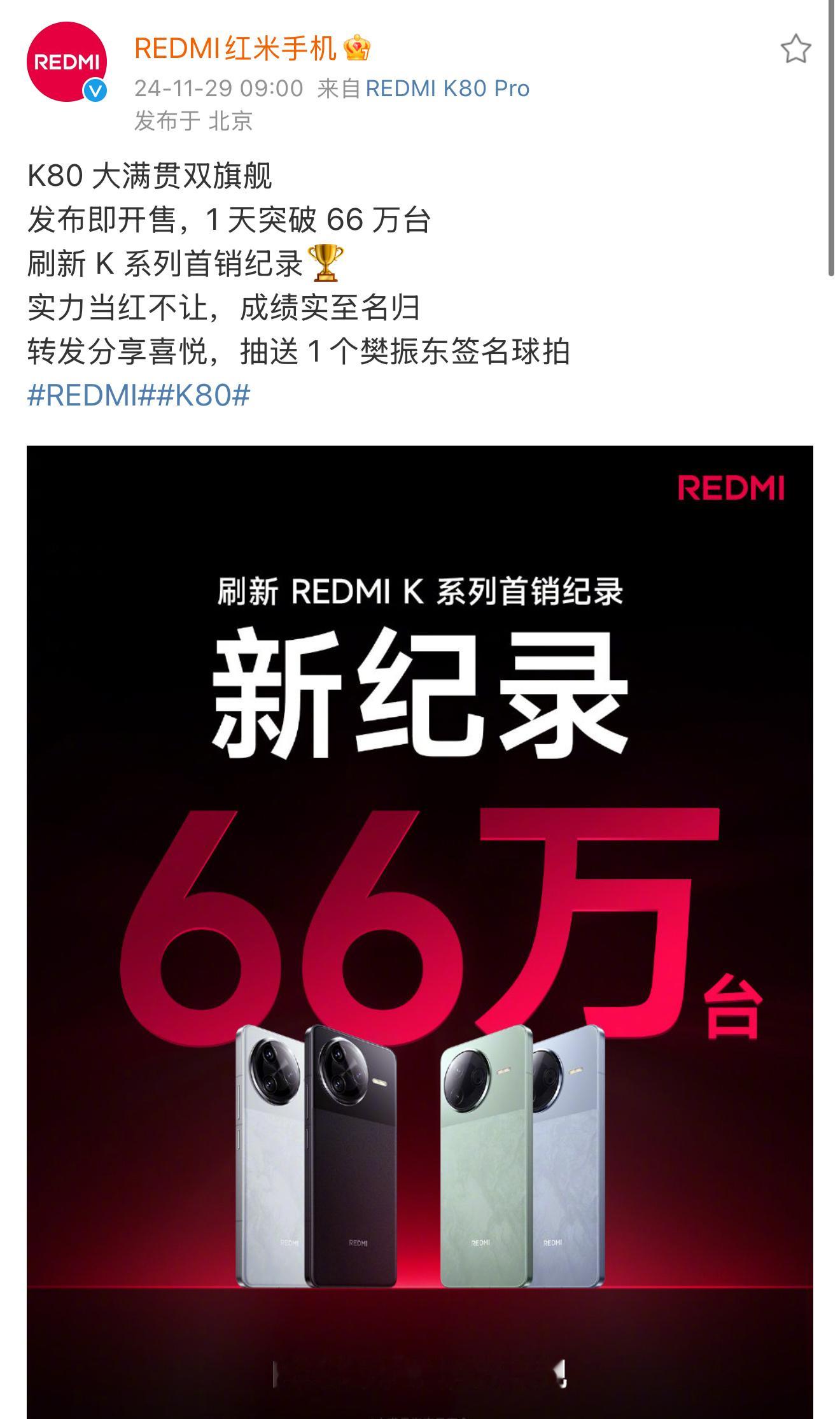 1天66万台，REDMI K80销量公布，再次刷新K系列纪录。这一次K80系列只
