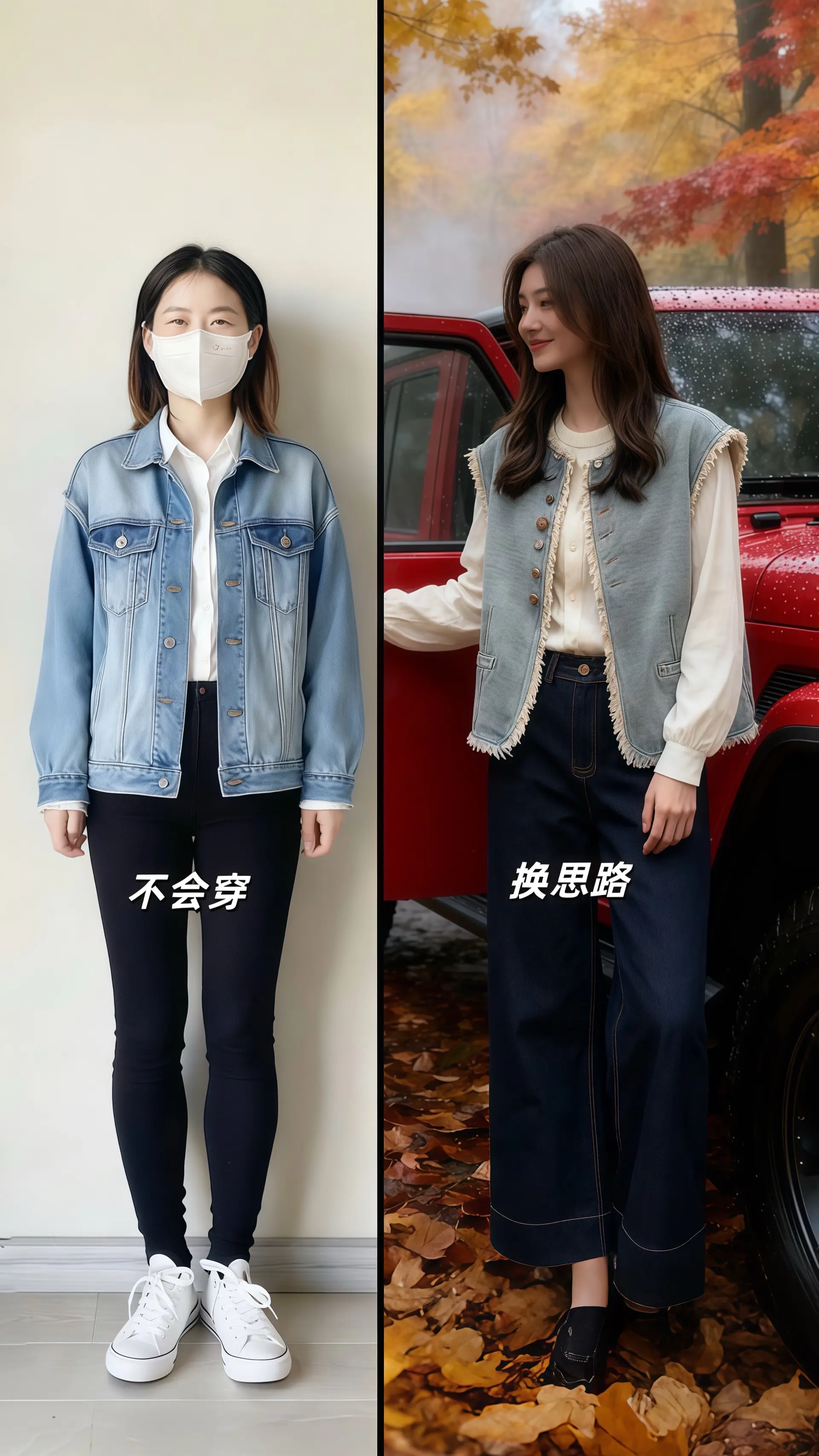 她穿着韩系马甲三件套，踩双小白鞋，每一步都踩在秋日的浪漫里。漫步进枫叶...