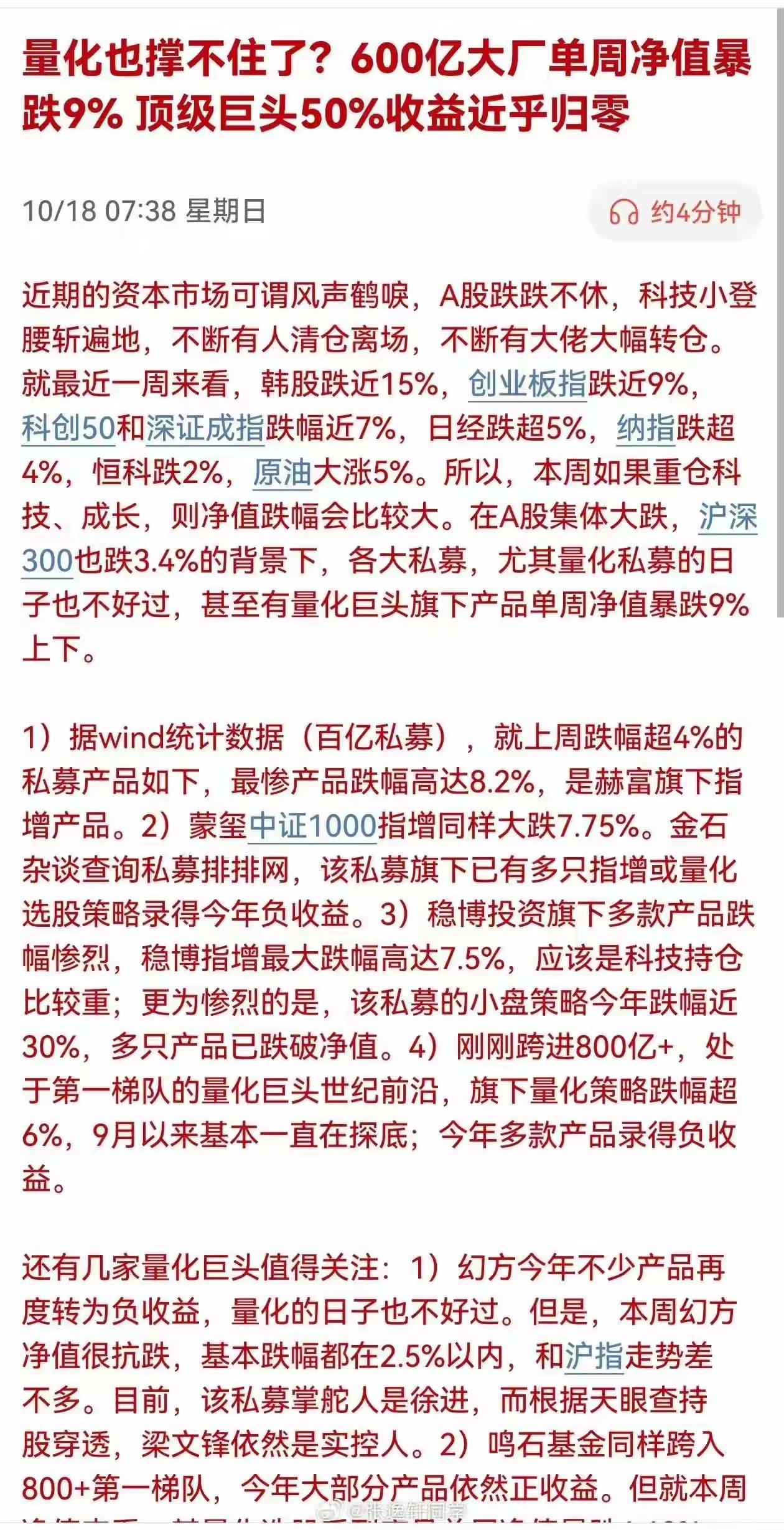 量化也撑不住了？600亿大厂单周净值暴
跌9%顶级巨头50%收益近乎归零。那量化