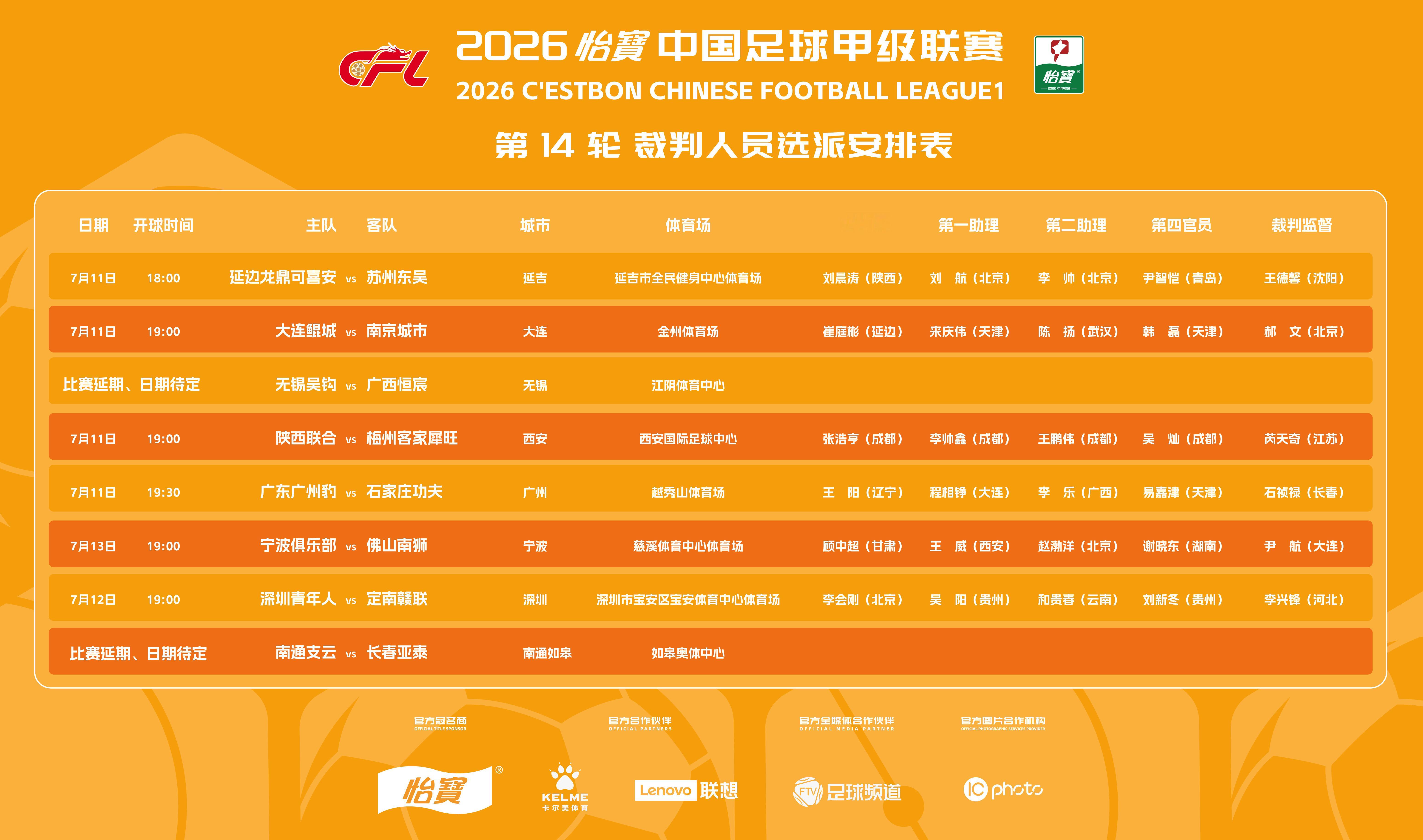 2026怡宝中甲联赛第14轮裁判选派结果公布，具体安排如下：一起登场中甲联赛