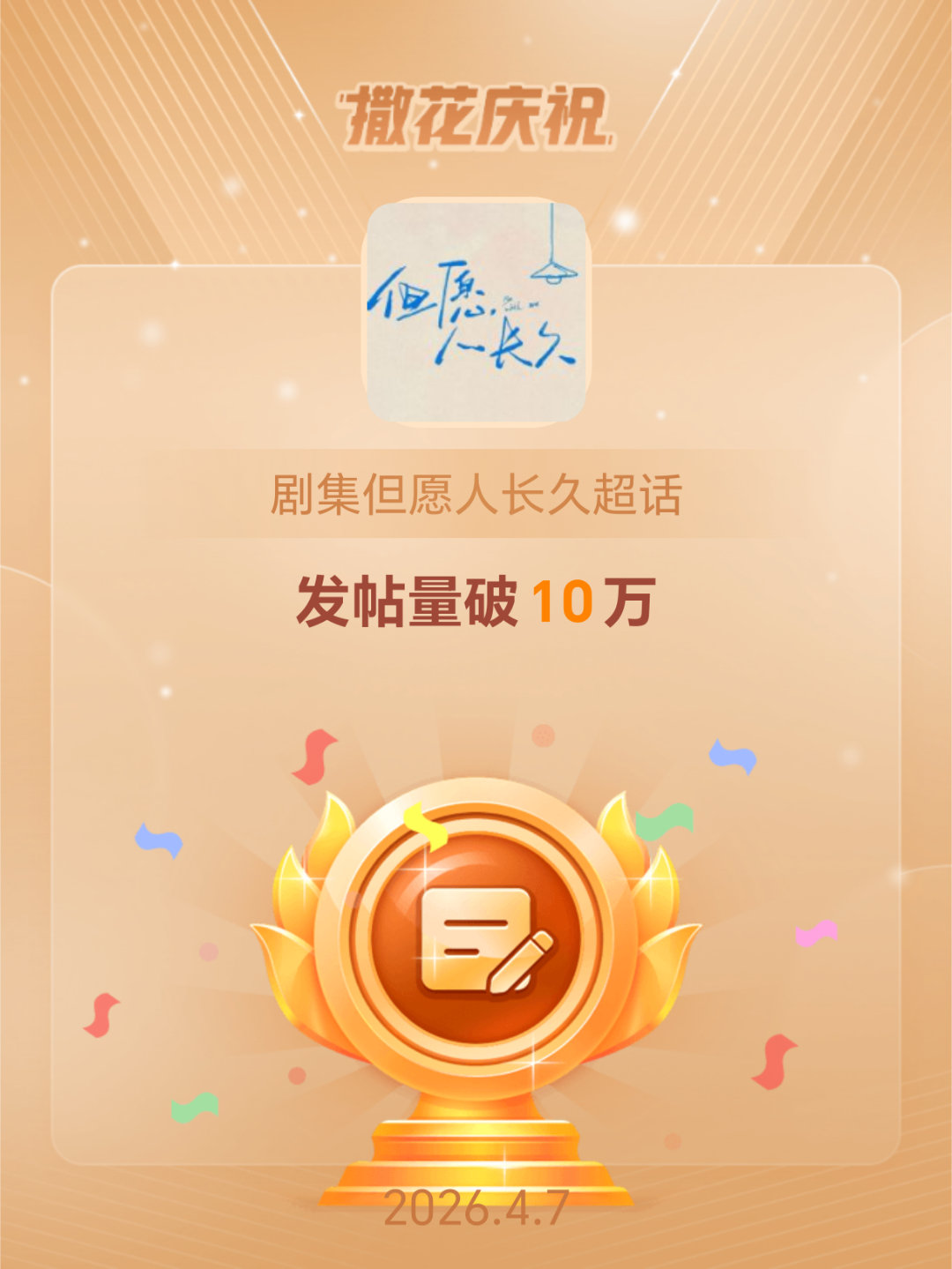 剧集但愿人长久恭喜剧集但愿人长久超话发帖量破10万