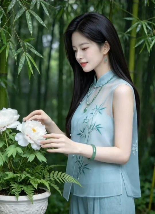 温柔时光，静享花语，浅蓝旗袍与白花相映成趣。