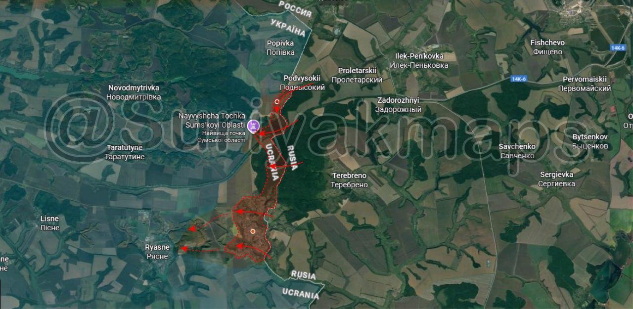 据Suriyakmaps报道，越过苏梅边境的俄罗斯武装力量已推进至赫拉博夫斯克镇