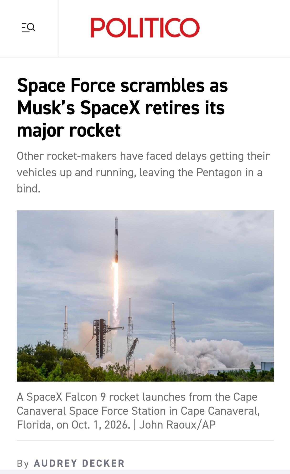 『在Musk旗下的SpaceX准备退役主力火箭之际，Space Force陷入紧