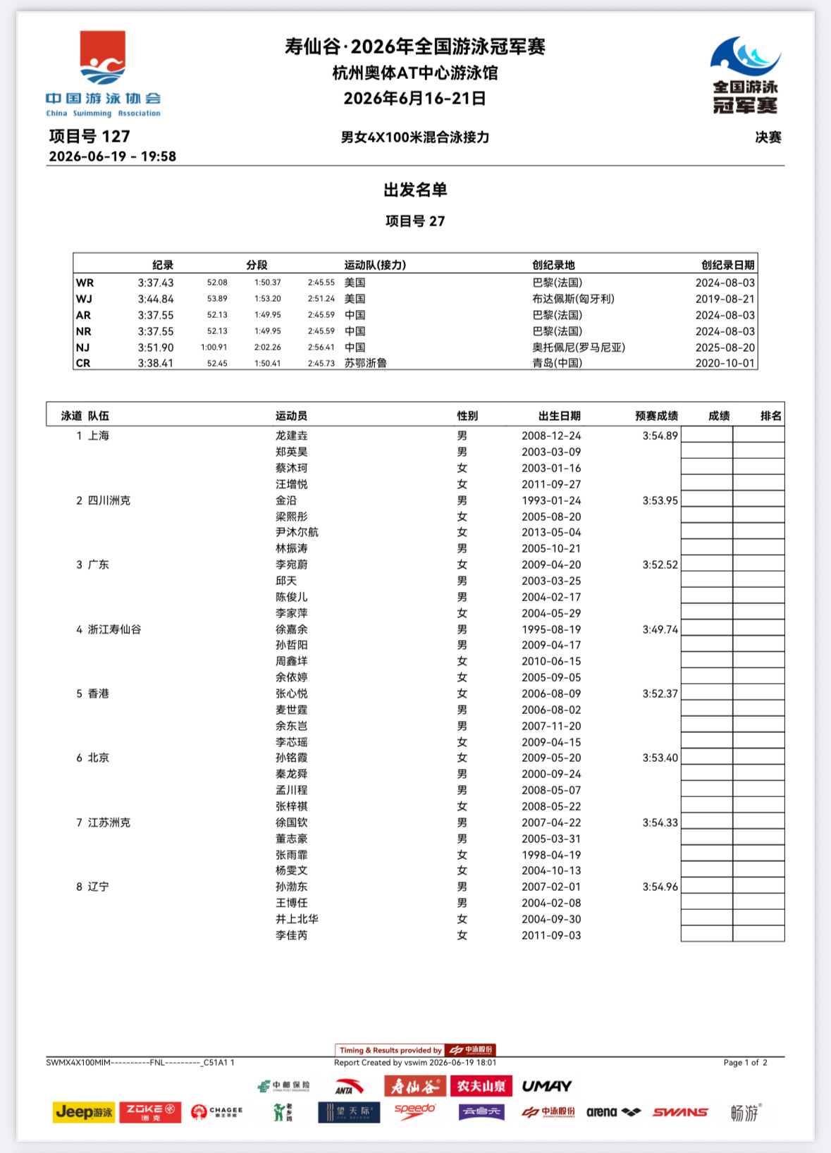 中国仰泳徐嘉余2026年全国游泳冠军赛 【赛事相关】2026全国游泳冠军赛*杭州