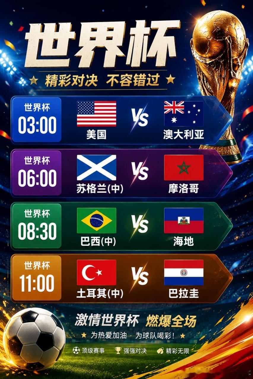 🏆2026美加墨世界杯 🏆今晚四场精彩对决轮番上演！🔥🇺🇸美国vs澳大