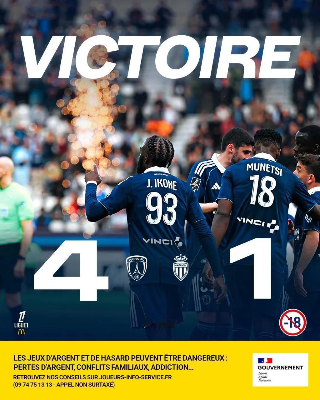 巴黎FC4-1大胜摩纳哥，伊科内双响，因莫比莱、巴洛贡破门04月11日讯 在刚刚