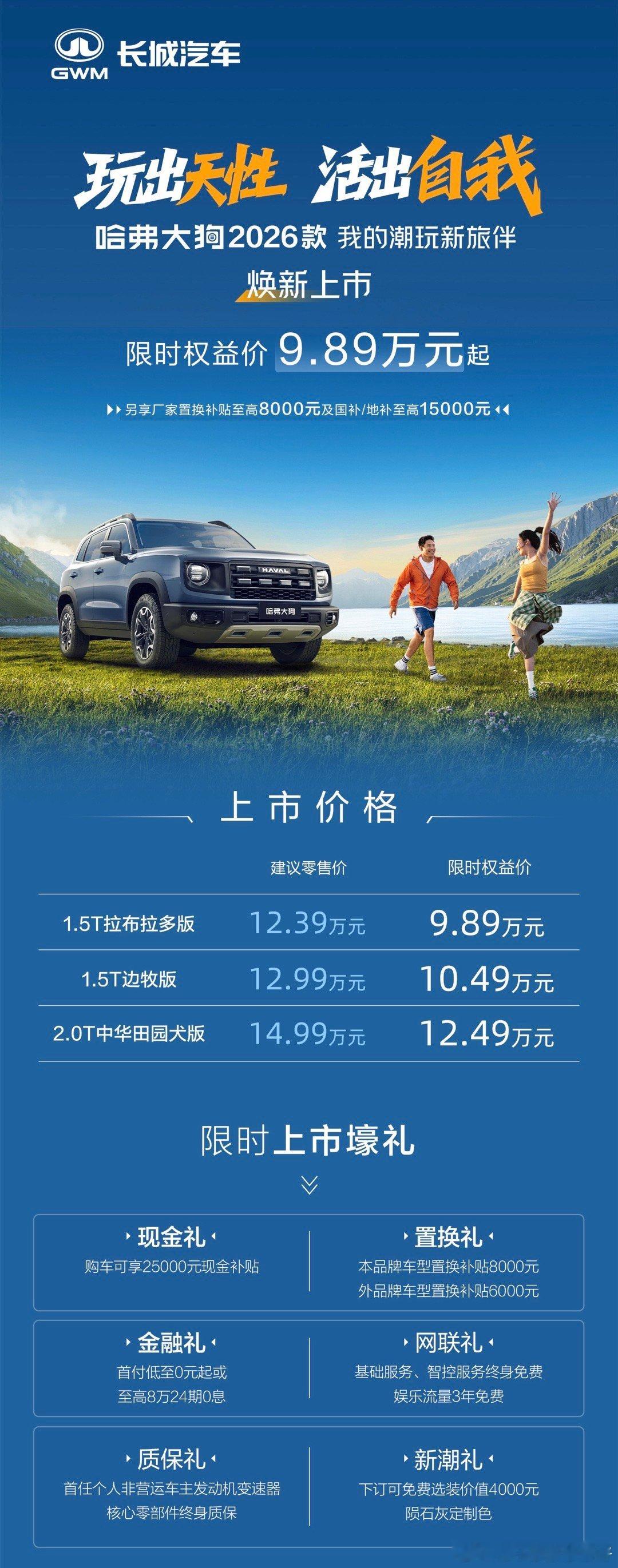 哈弗大狗2026款 上市了价格太吓人了，限时优惠2.5万9.89万-12.49万