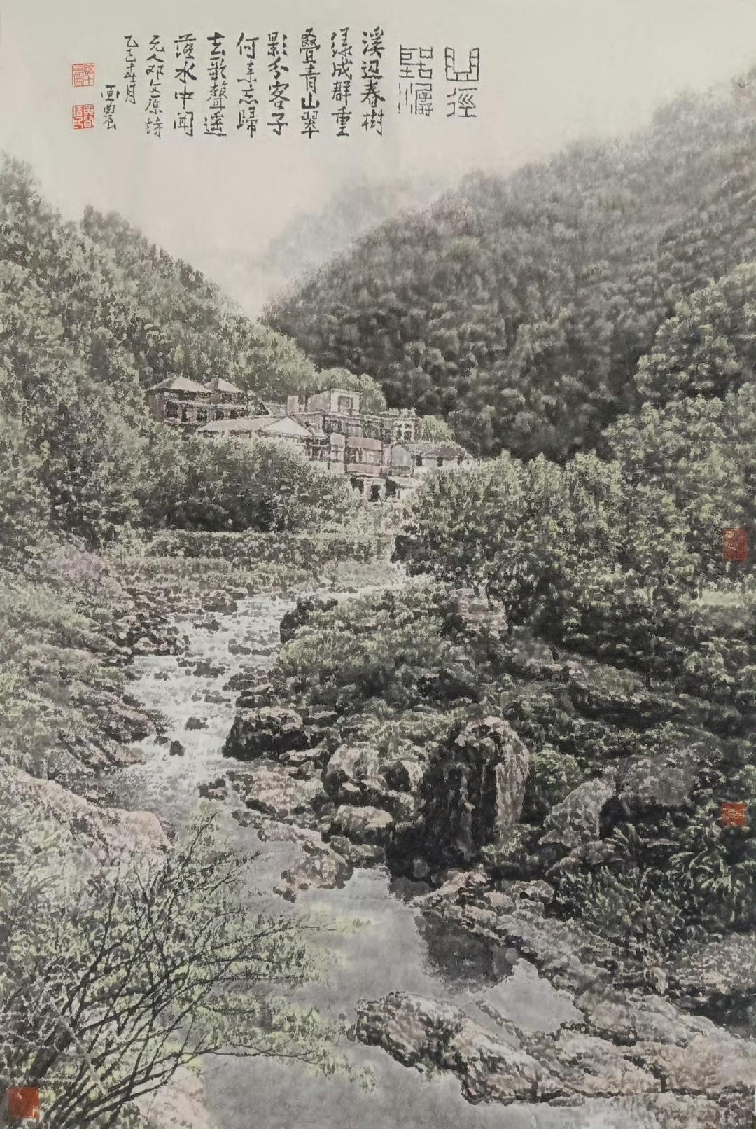 “溪山宜夏亦宜秋，水面茅亭石上楼”，画农的这幅画，仿佛将这句诗完美地呈现在我们眼