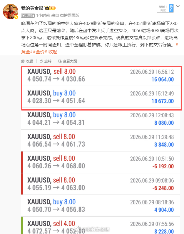 又是战果累累的一天，今天的交易就以一单430点的多空双杀来收官吧，晚间微博就不再