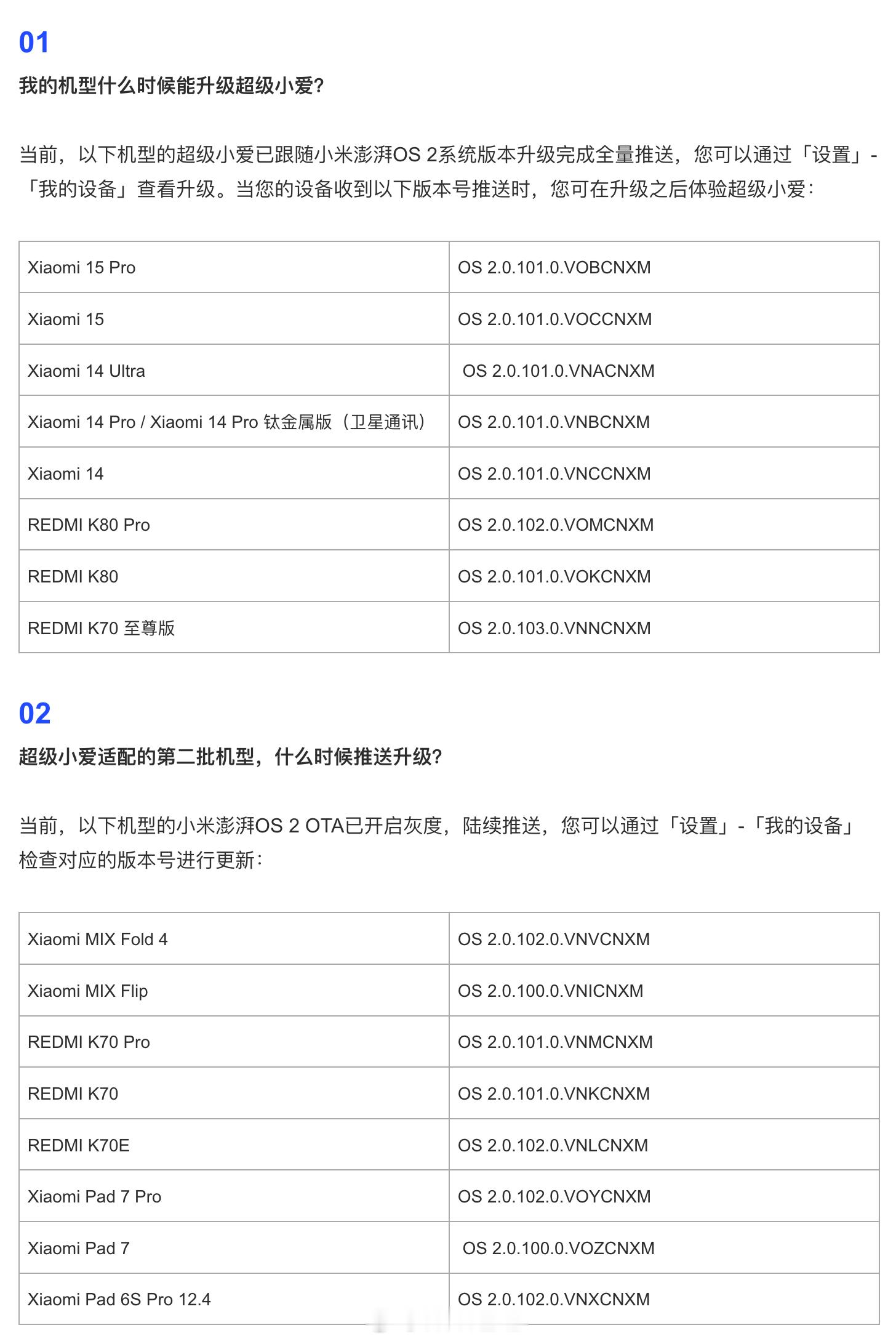 超级小爱支持的第二批小米 / REDMI 机型：小米 MIX Fold 4、小米