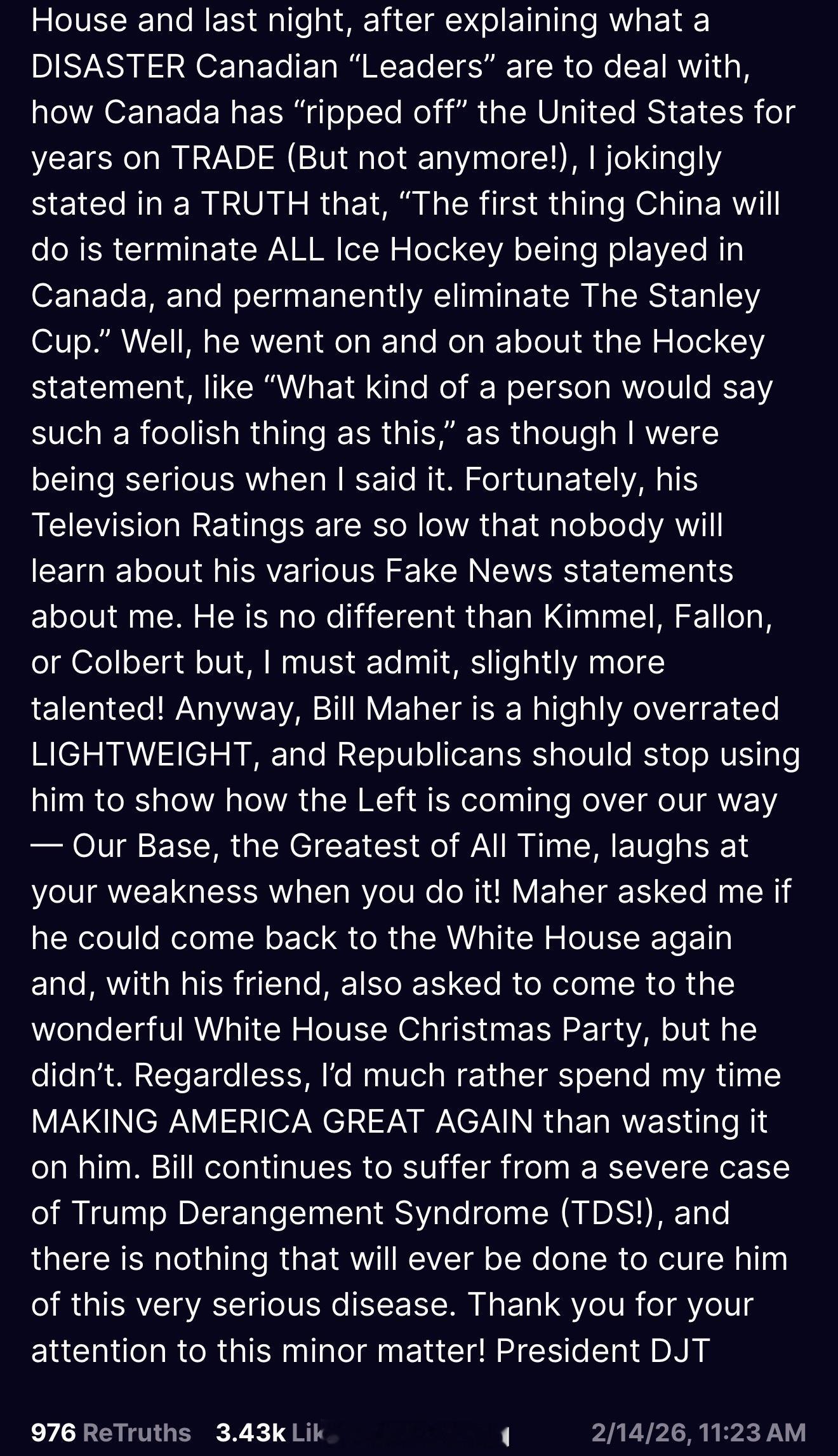 情人节一大早，川普发长文炮轰Bill Maher：“有时候人生就是会白白浪费时间