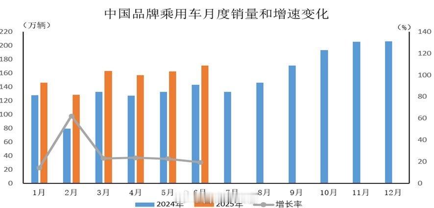 据中国汽车工业协会今天发布的统计分析：2025 年 6 月，中国品牌乘用车共销售
