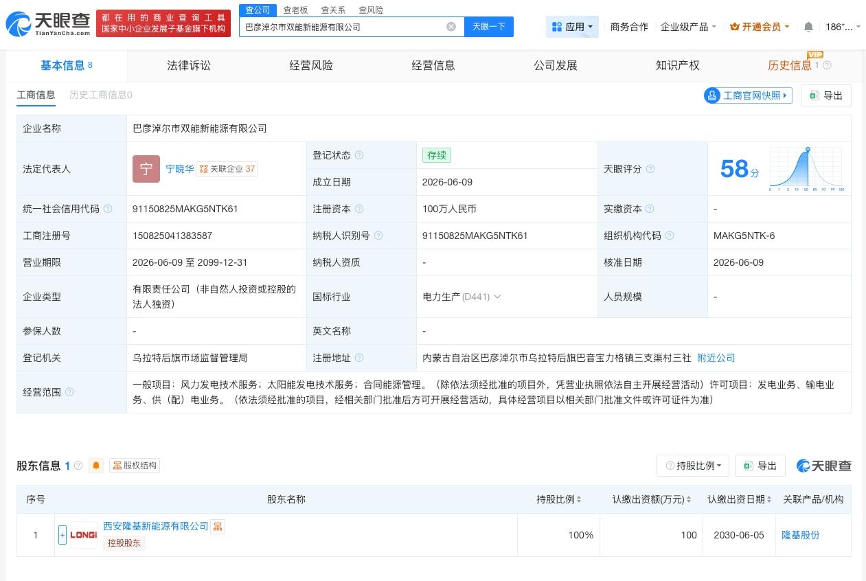 隆基绿能在巴彦淖尔成立新公司
天眼查 App 显示，近日，巴彦淖尔市双能新能源有
