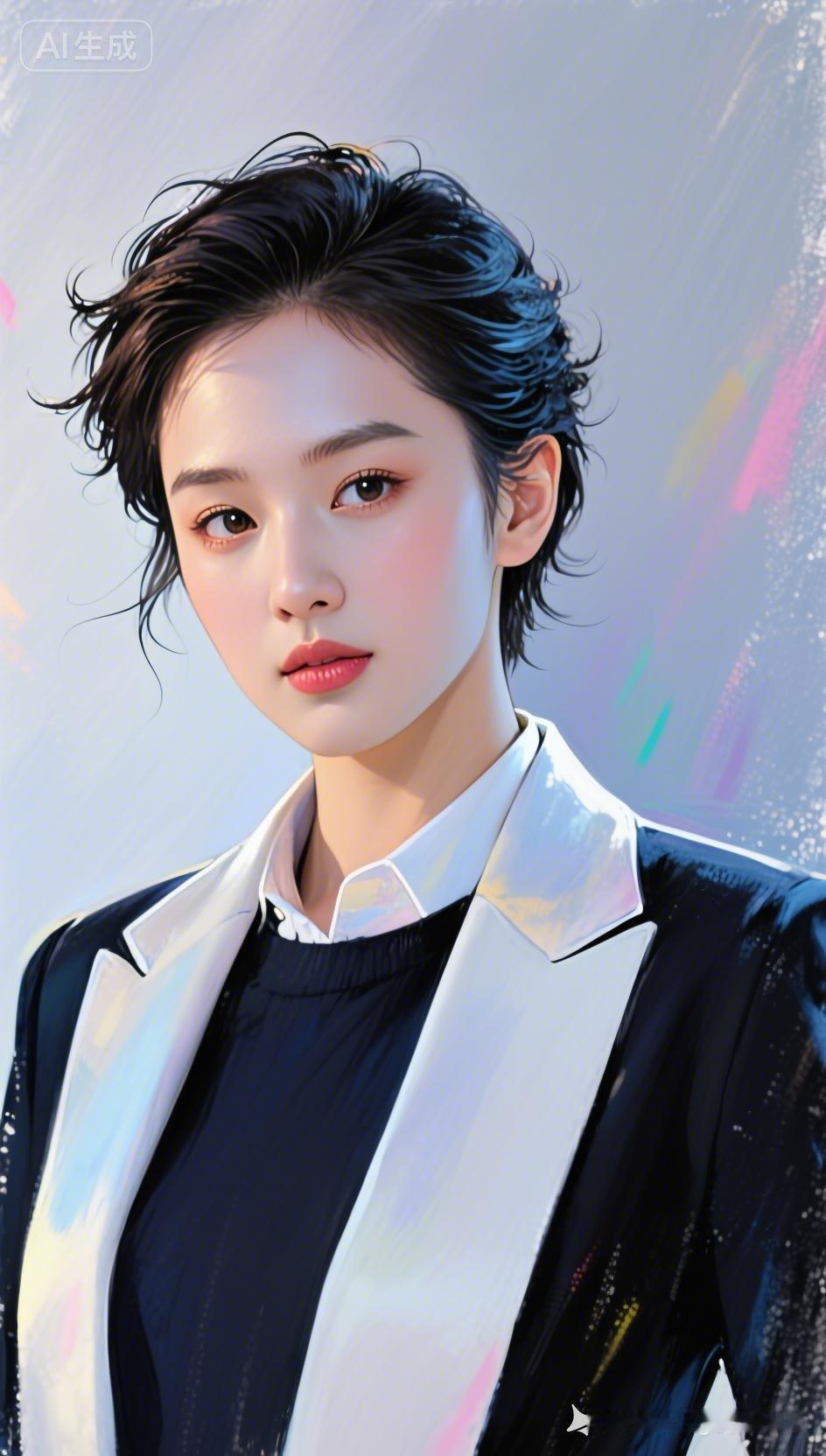 短发美女五官绝美，明暗勾勒脸部轮廓。微风拂过发丝飞扬，沉醉神态张力十足，气场强大