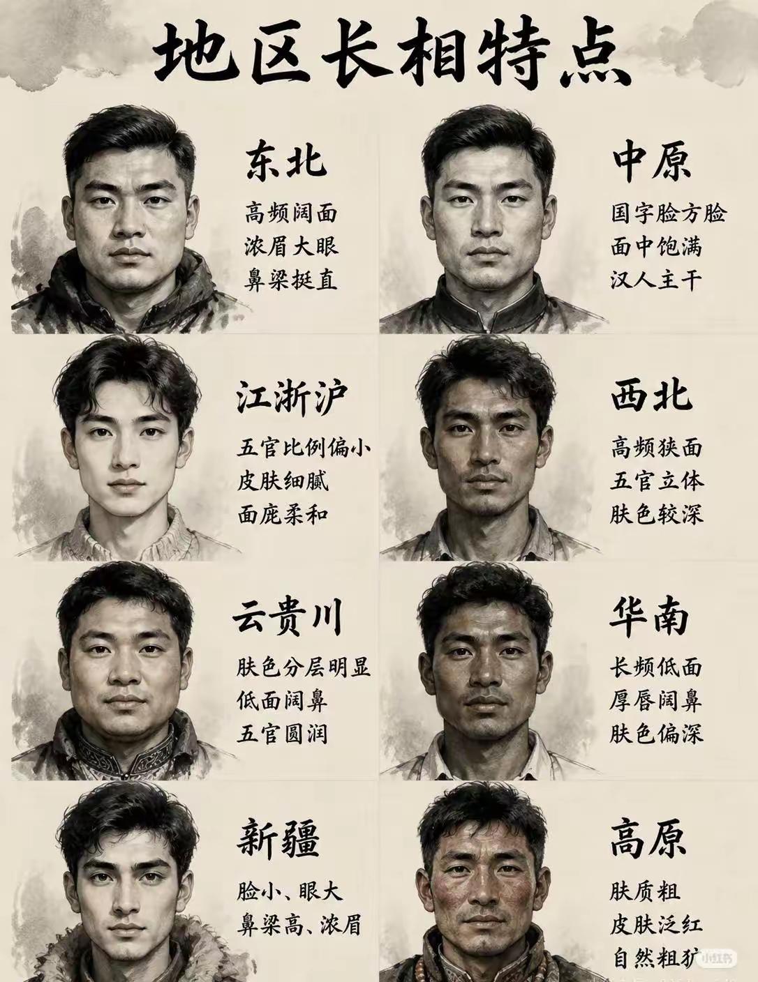 你发现没有，新疆男人是长相最好看的。下面图上展示的是中国各个地区的男人长相特点分