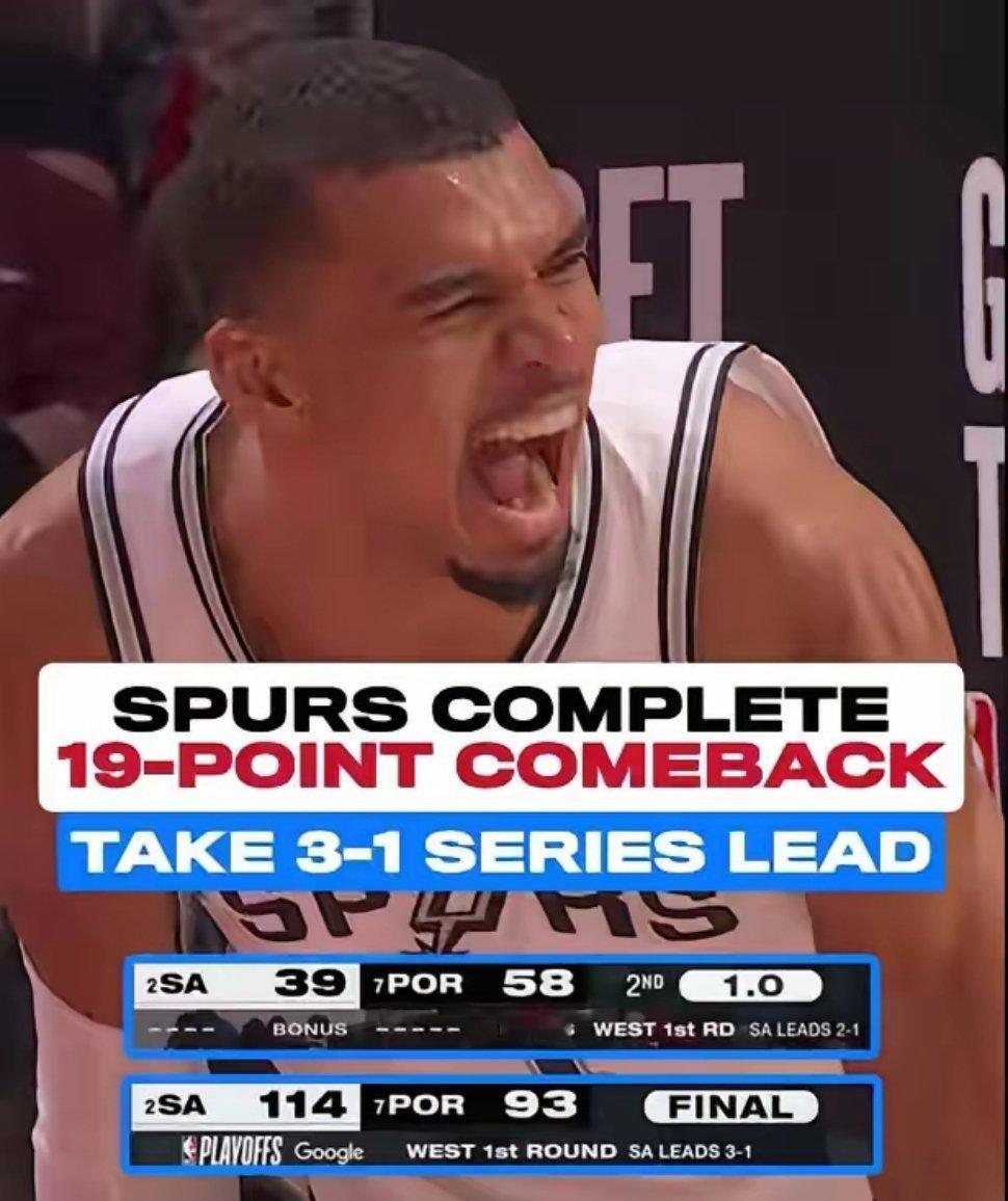 马刺3比1开拓者马刺终于实现19分的大逆转：文班亚马复出，并没有阻止开拓者上半场