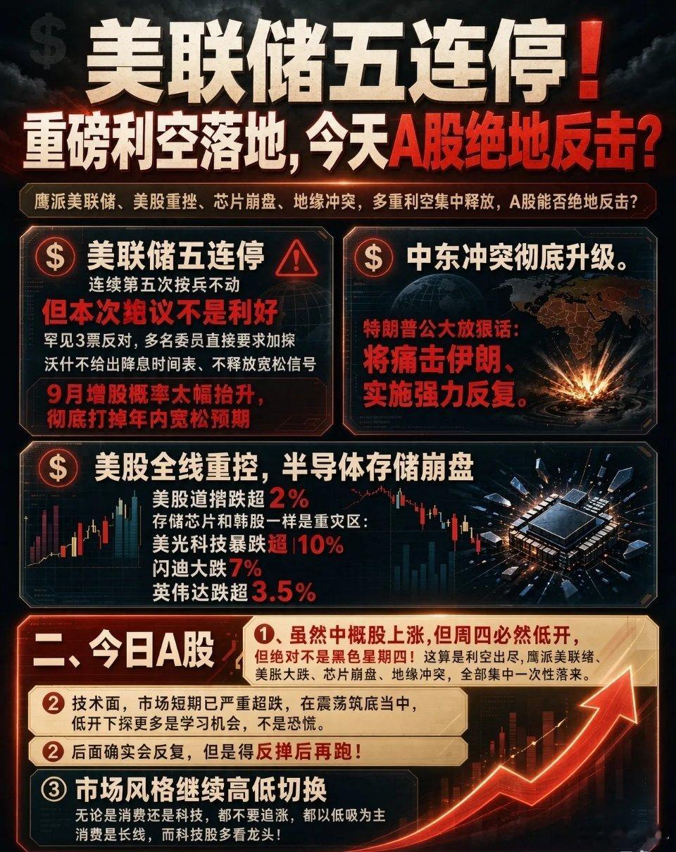 美联储五连停!重磅利空落地,今天A股绝地反击？一、重磅消息①、美联储五连停，连续
