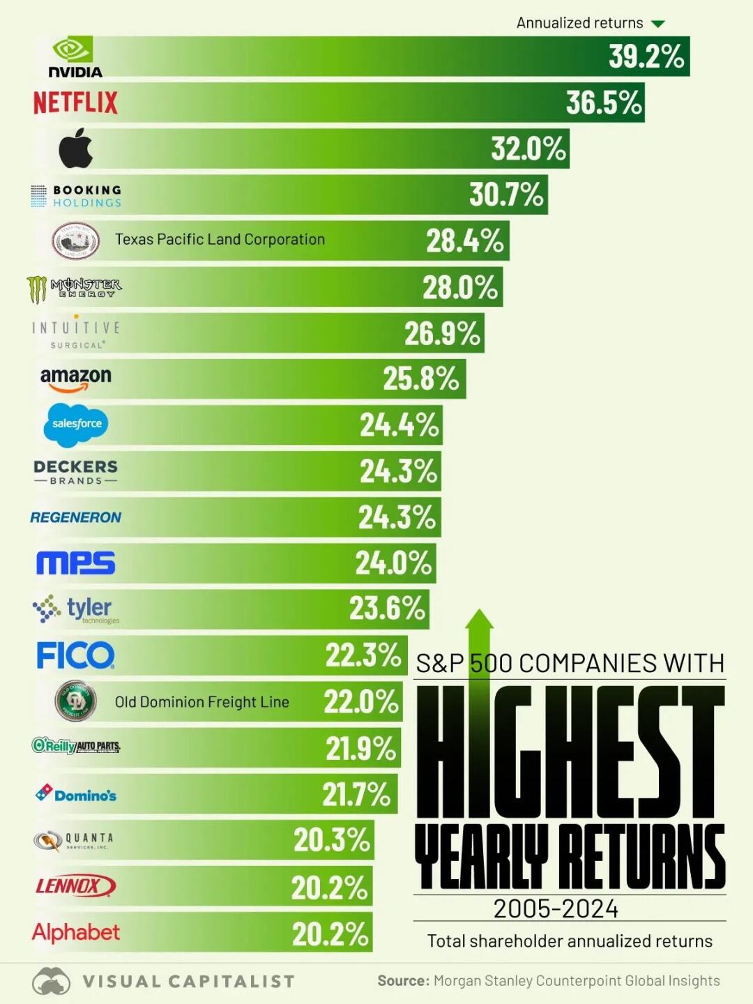 2024年S&P 500公司年度回报率排名...