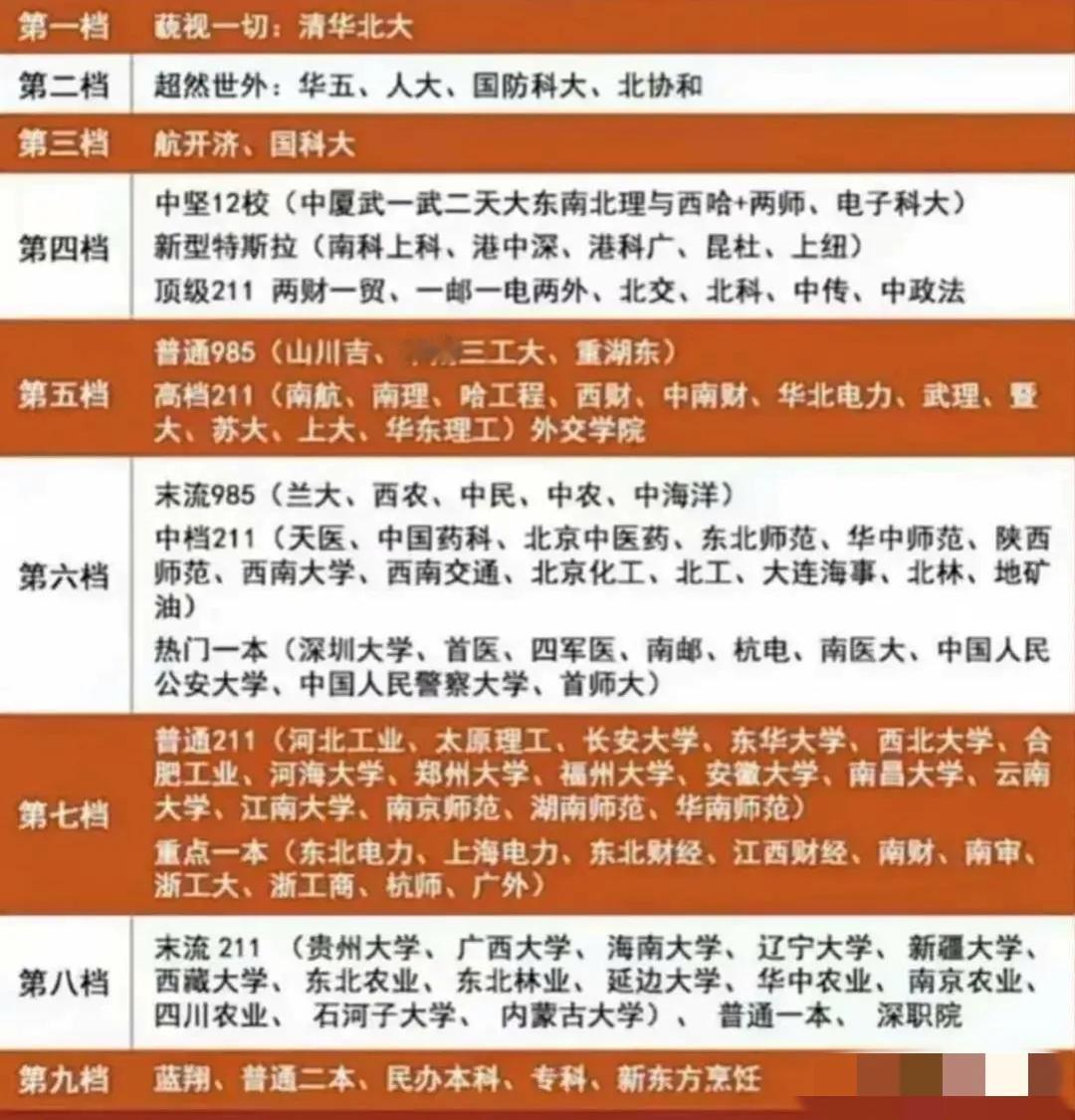 这是我国所有大学的排名
一共有9个档次：同济大学领先武汉大学，兰州大学不敌苏州大