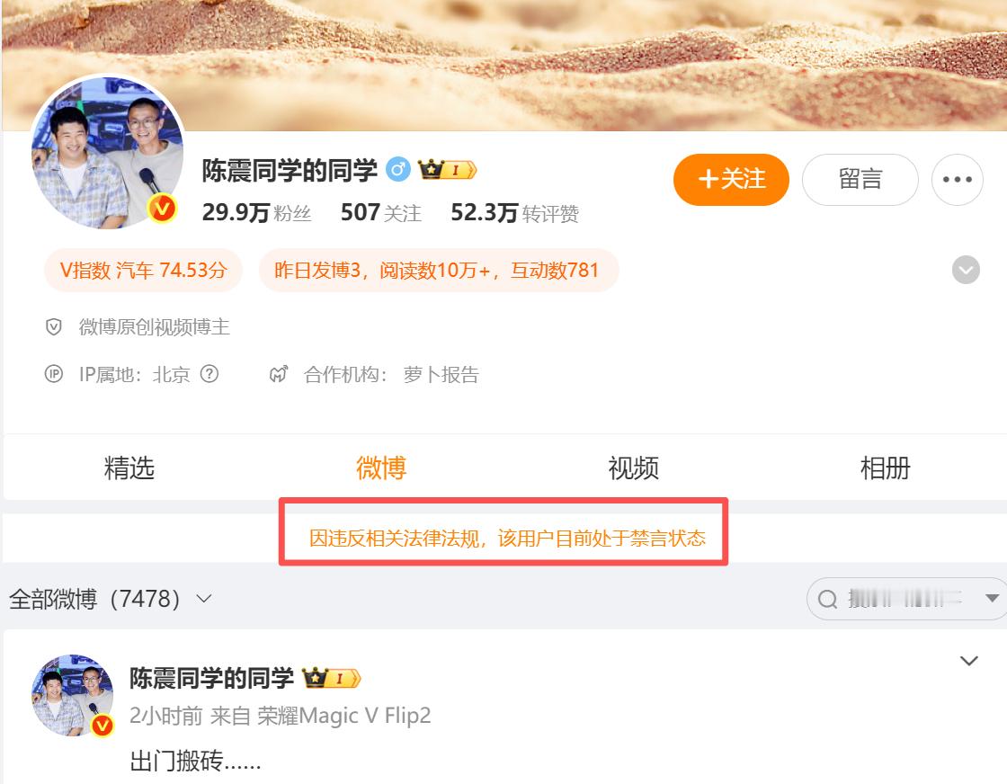 好家伙，陈震小号发完视频回应，现在也被以相同原因禁言了，看来这次问题还是蛮大的，