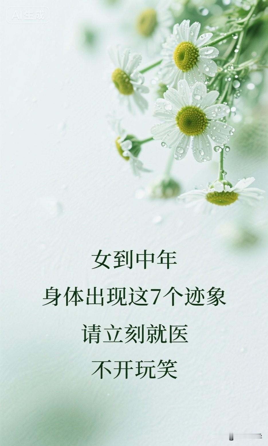 女到中年，身体出现这7个迹象，请立刻就医，不开玩笑。

人到中年，身体就像开了几