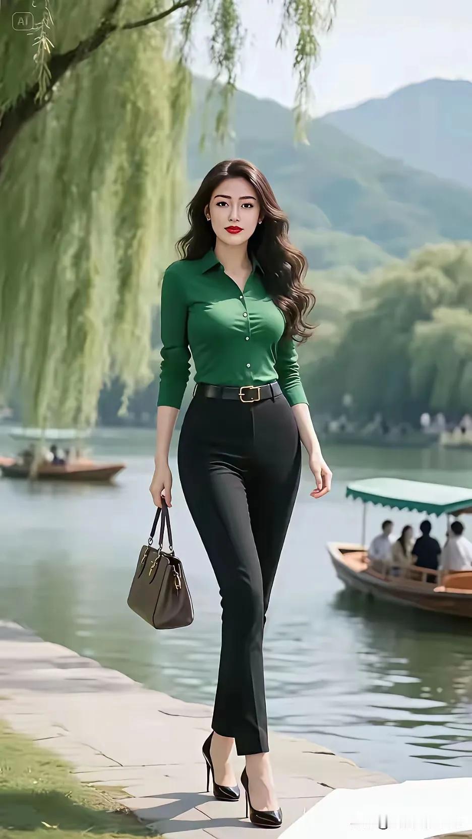 优雅漫步在湖畔，绿意盎然中尽显时尚魅力。