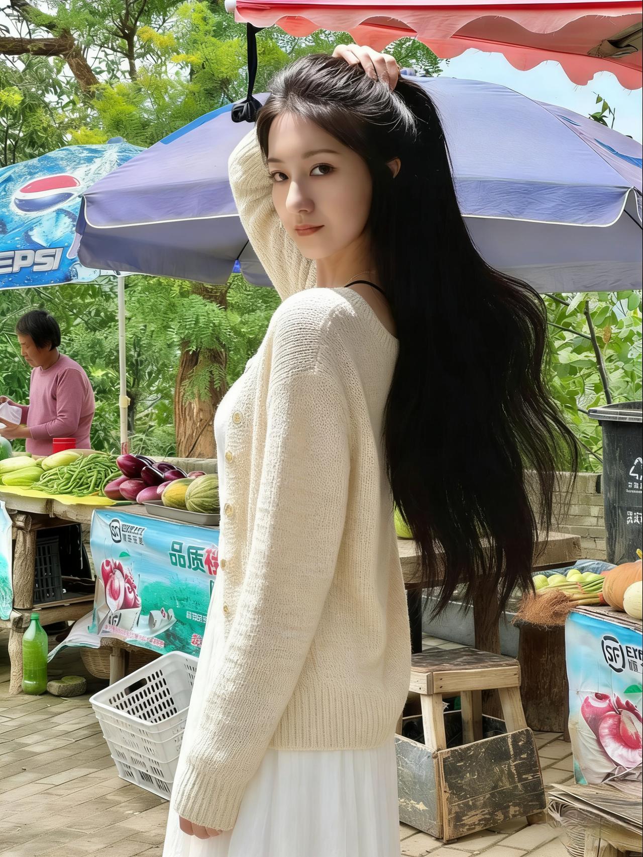 菜市场的喧嚣，被揉进了针织的纹路
白毛衣的柔软，隔开了市井的烟火气
马尾辫的发梢