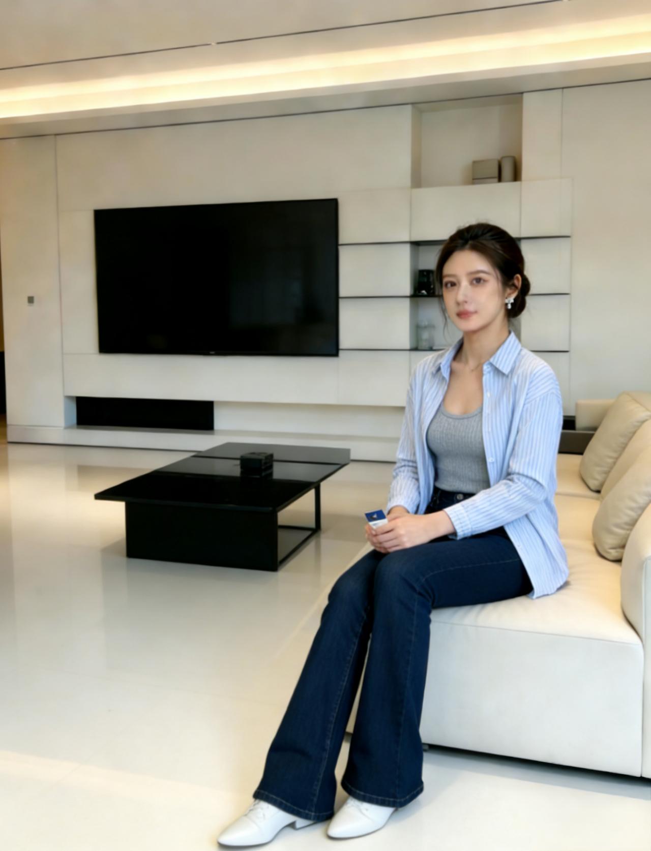 清爽且极具层次感的休闲穿搭。
浅蓝色的竖条纹衬衫，
内搭同色系的灰色针织吊带，