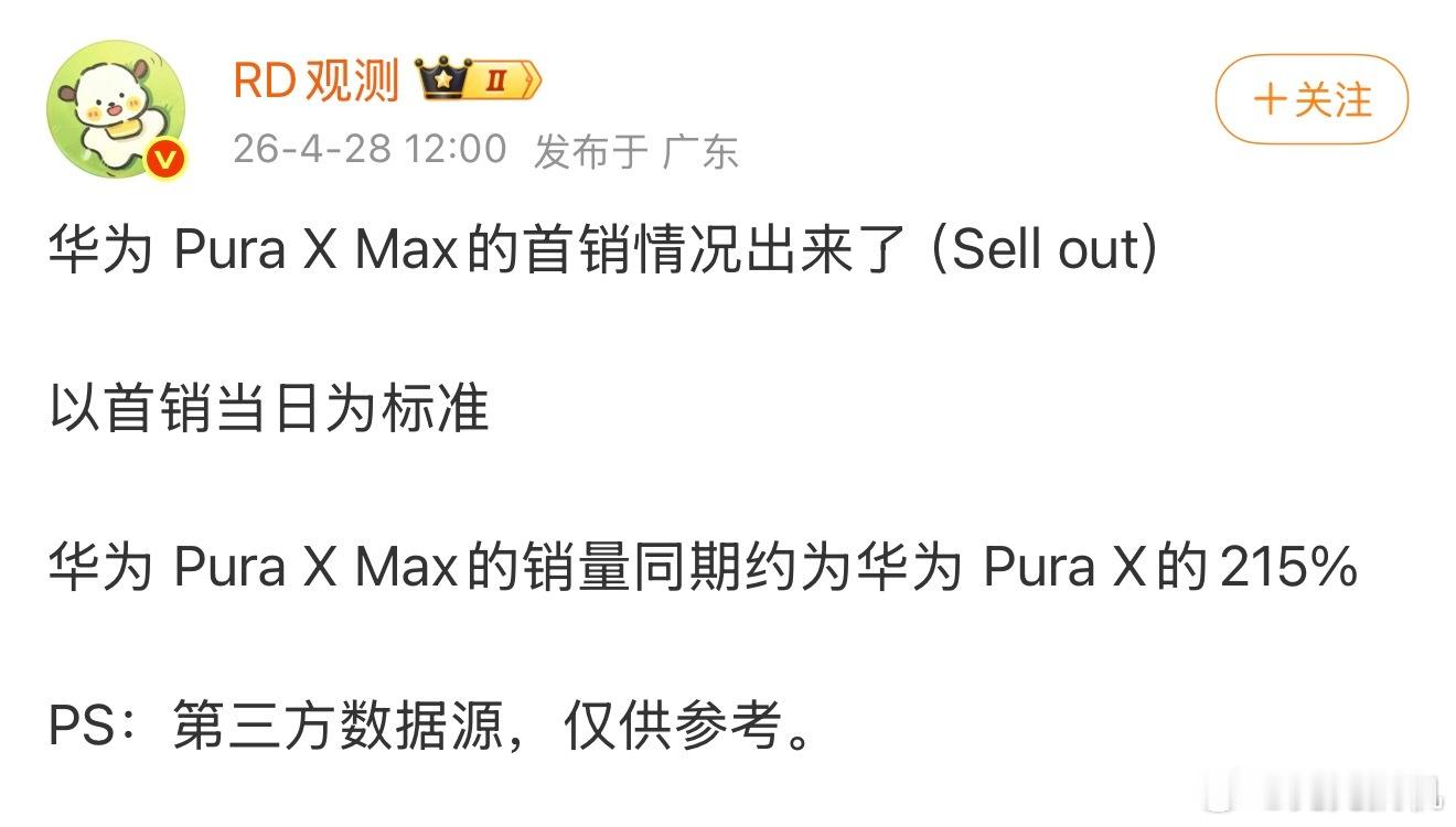 华为PuraXMax首销日销量曝光 同期约为 Pura X的 215% 可见这款