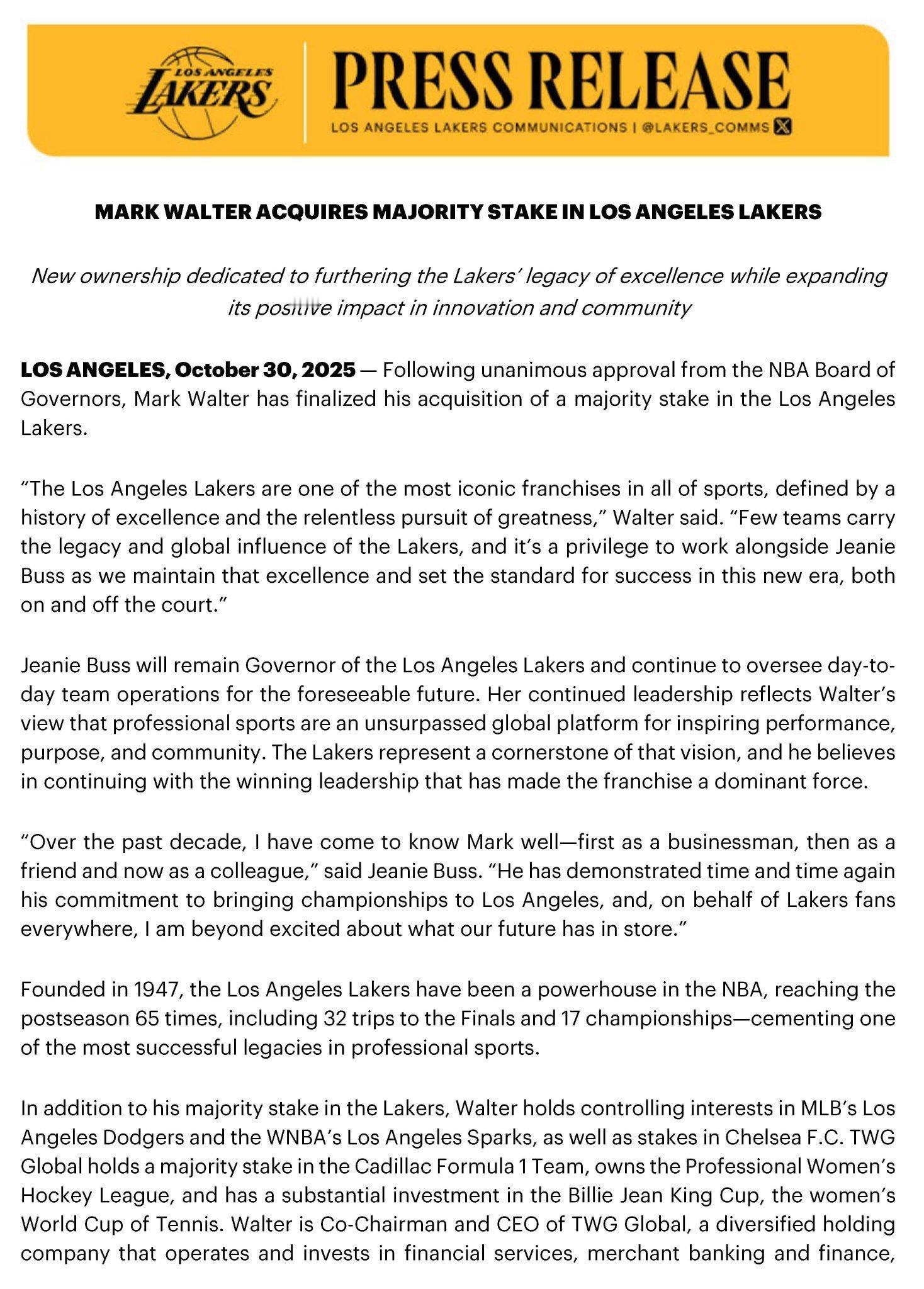 今天，在通过联盟董事会的一致批准后，沃尔特最终正式收购了洛杉矶湖人的多数股权。沃